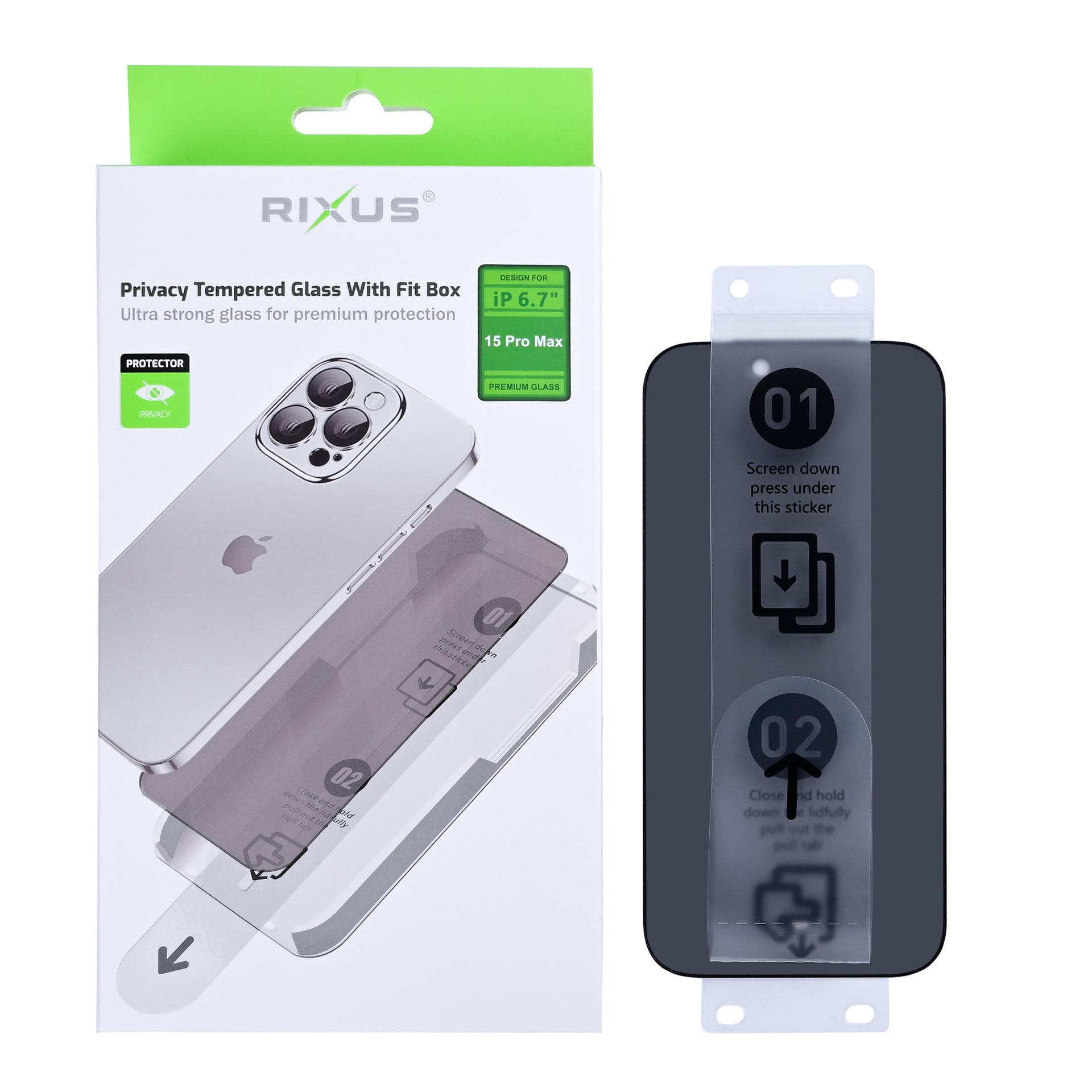 Rixus Privacy Tempered Glass With Fit Box For Apple iPhone 15 Pro Max