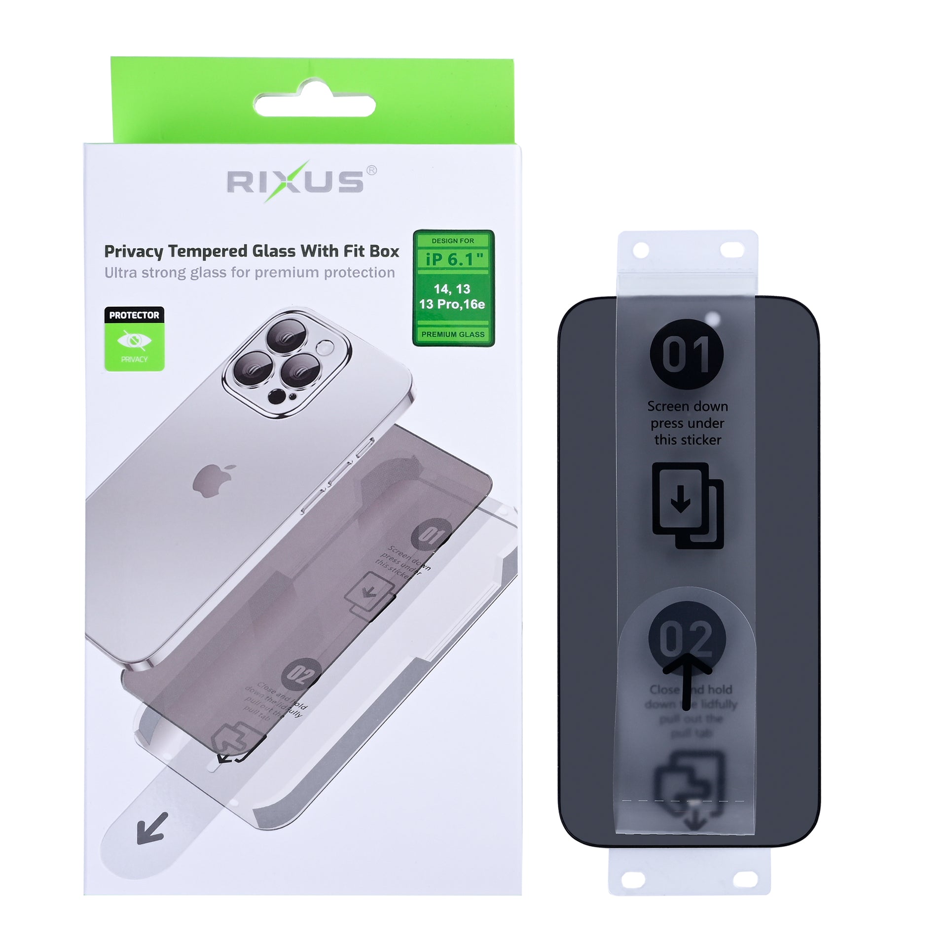 Rixus Privacy Tempered Glass With Fit Box For Apple iPhone 14 , 13, 13 Pro, 16e, 17e