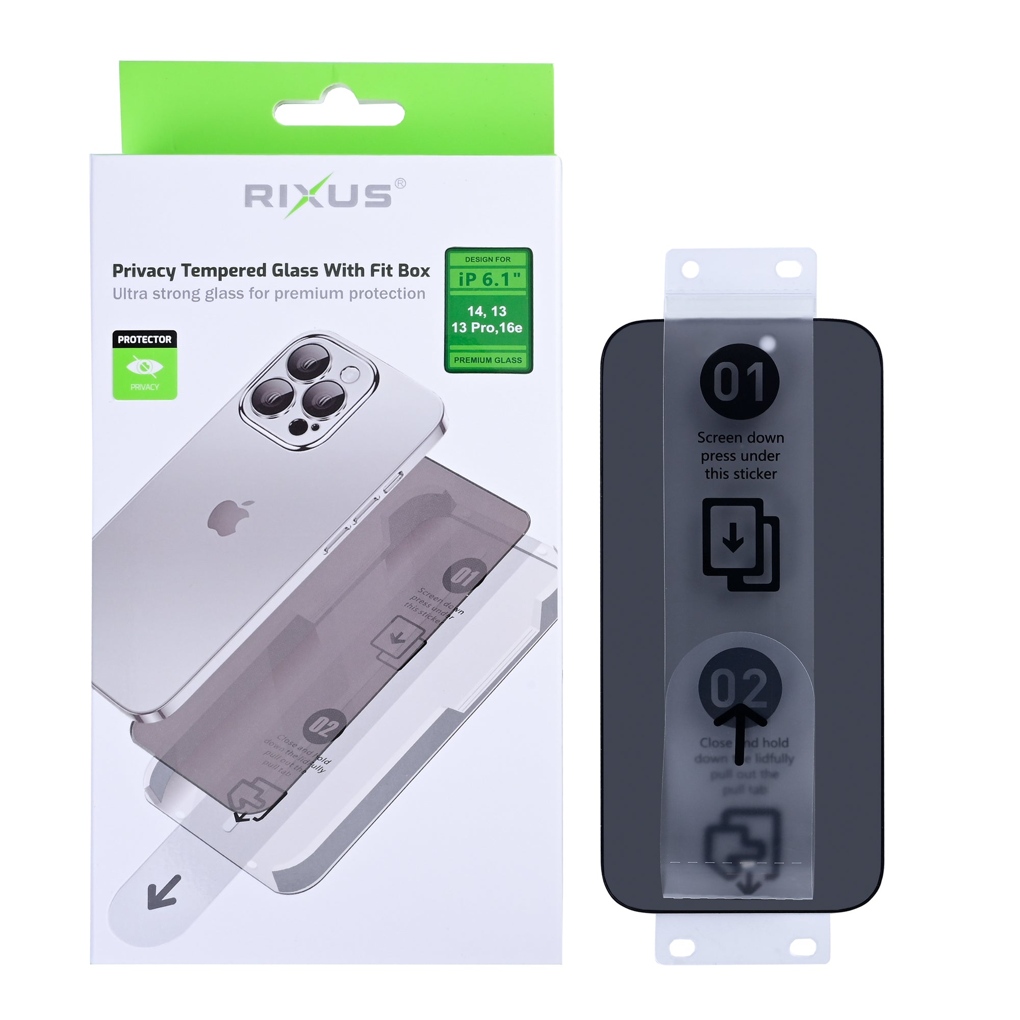 Rixus Privacy Tempered Glass With Fit Box For Apple iPhone 14 , 13, 13 Pro, 16e, 17e