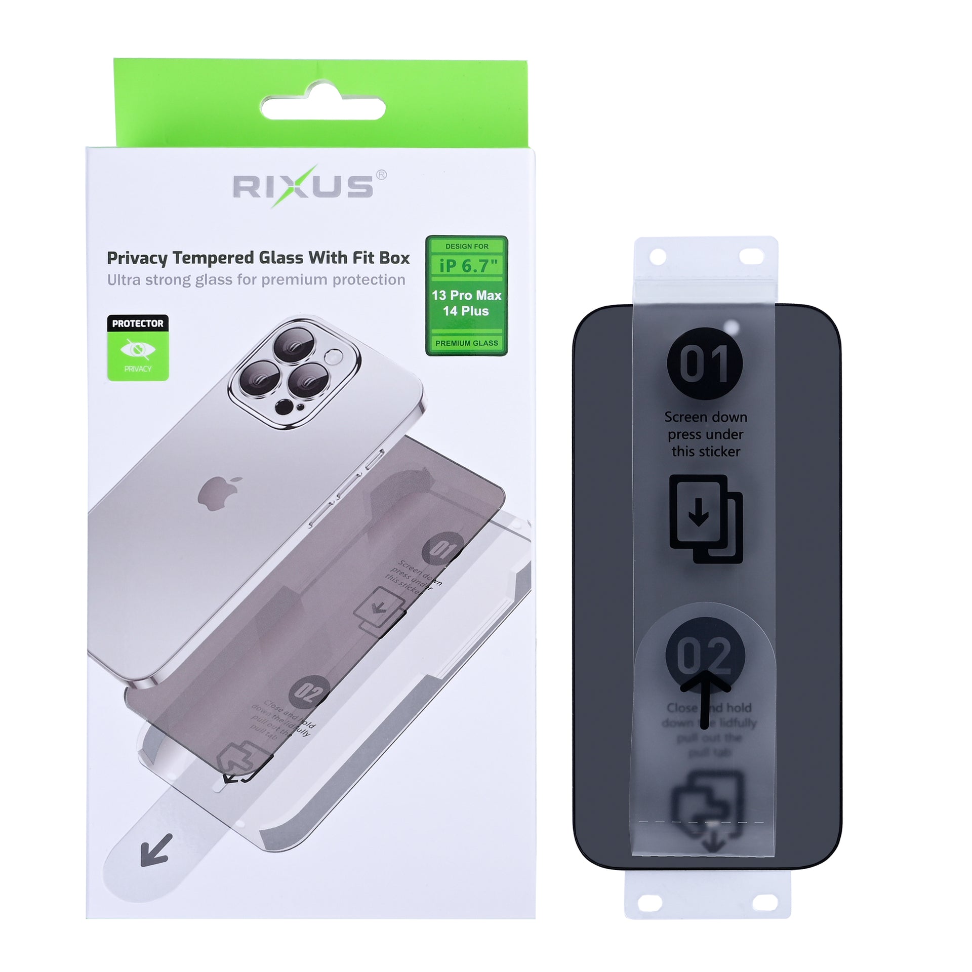 Rixus Privacy Tempered Glass With Fit Box For Apple iPhone 13 Pro Max, 14 Plus