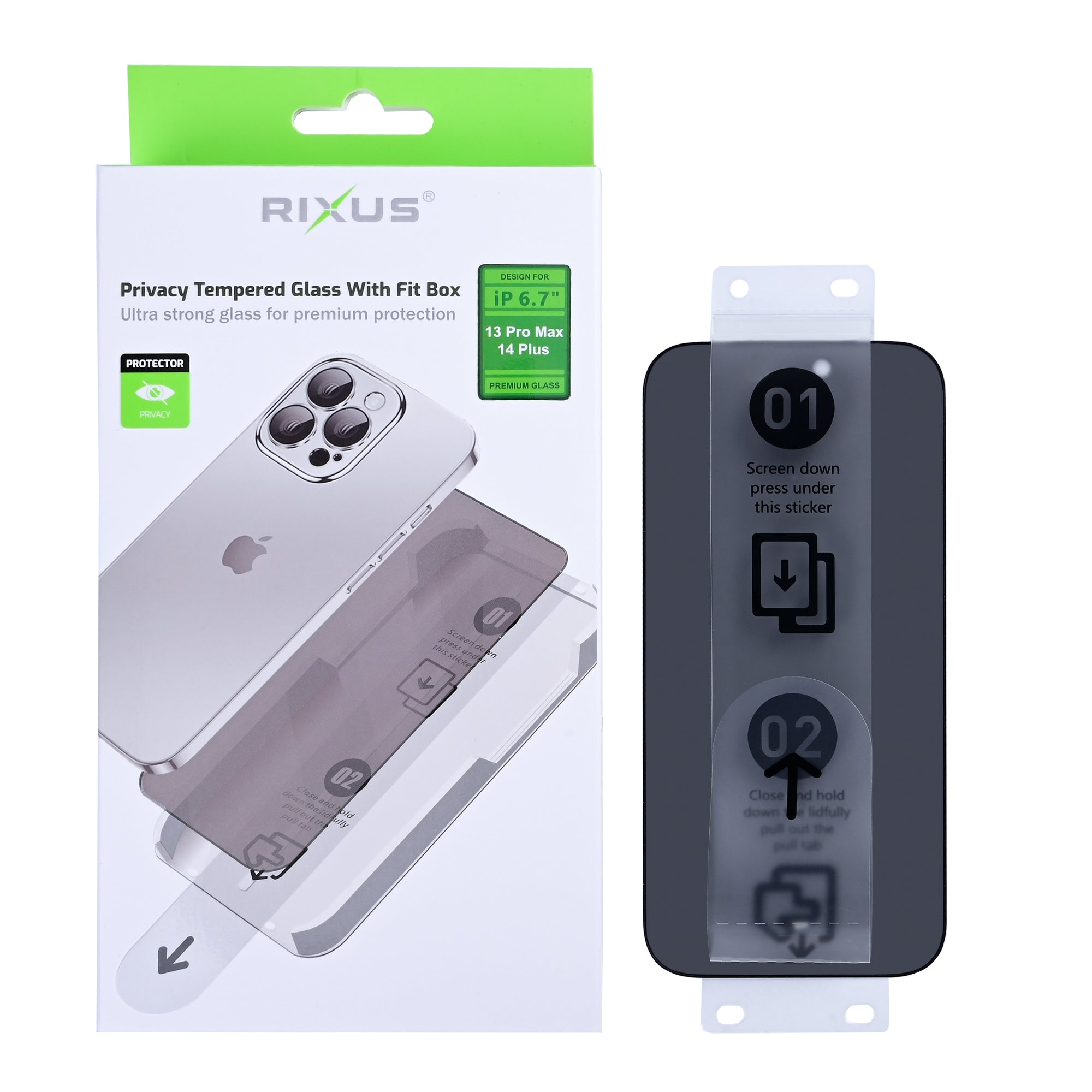 Rixus Privacy Tempered Glass With Fit Box For Apple iPhone 13 Pro Max, 14 Plus