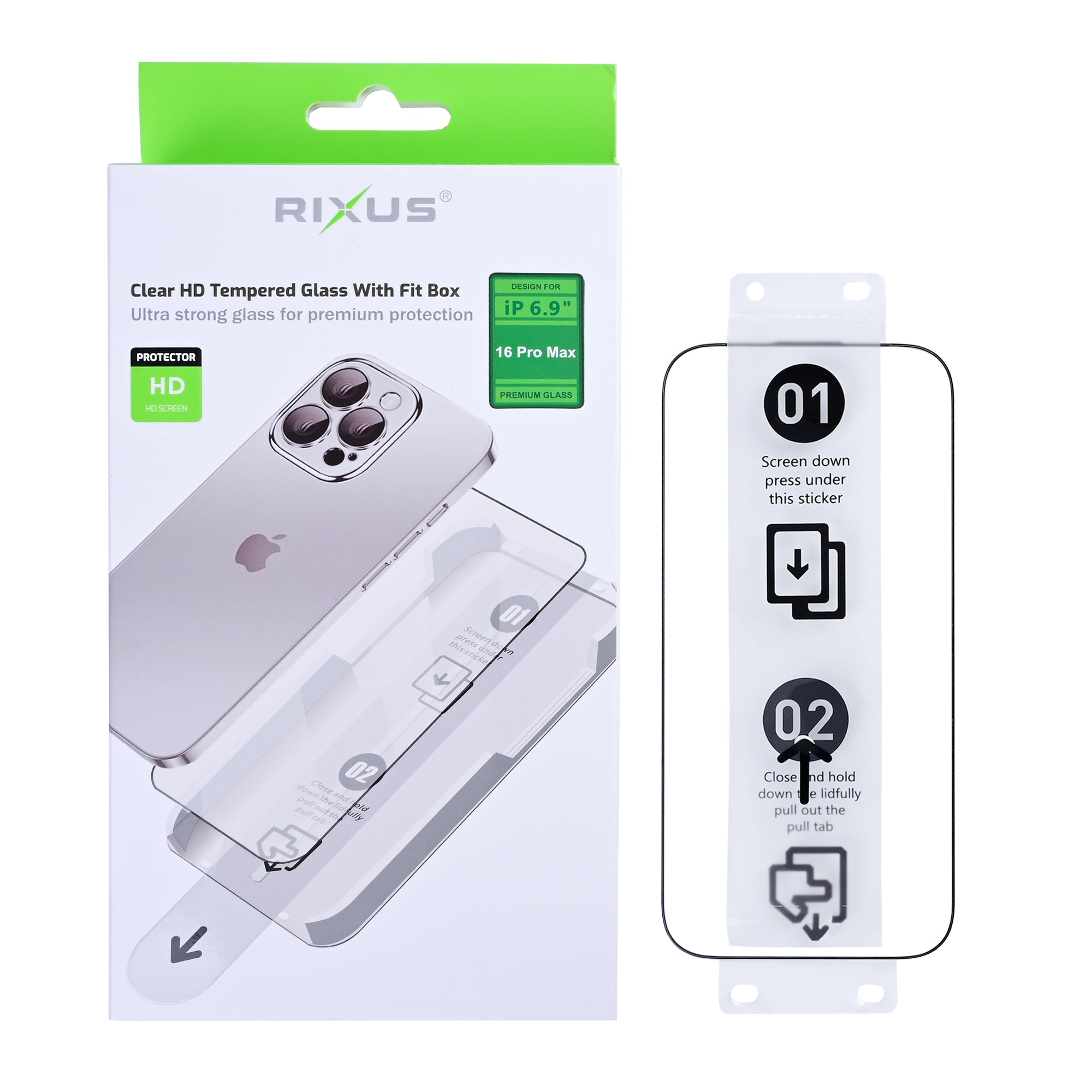 Rixus Clear HD Tempered Glass With Fit Box For Apple iPhone 16 Pro Max