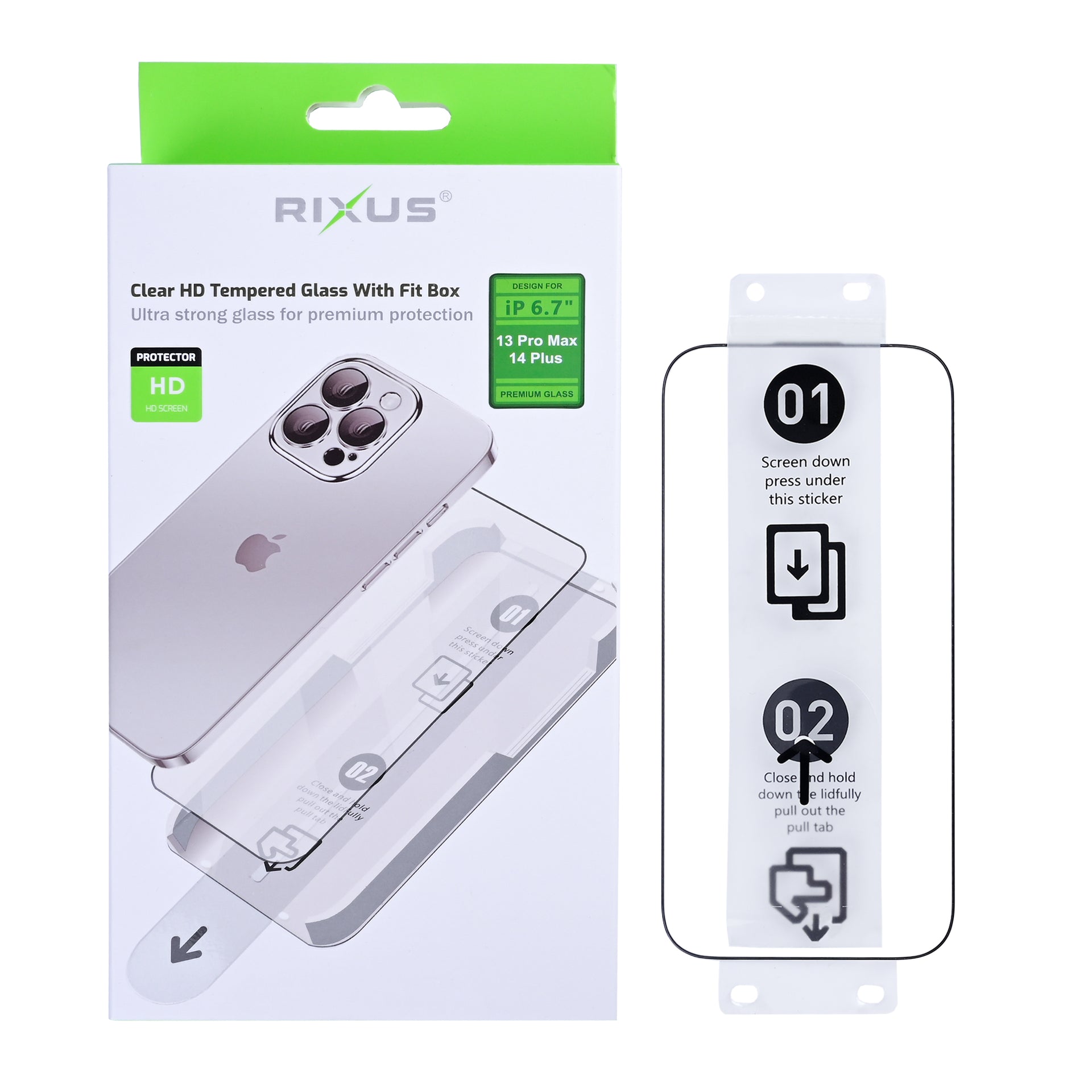 Rixus Clear HD Tempered Glass With Fit Box For Apple iPhone 13 Pro Max, 14 Plus