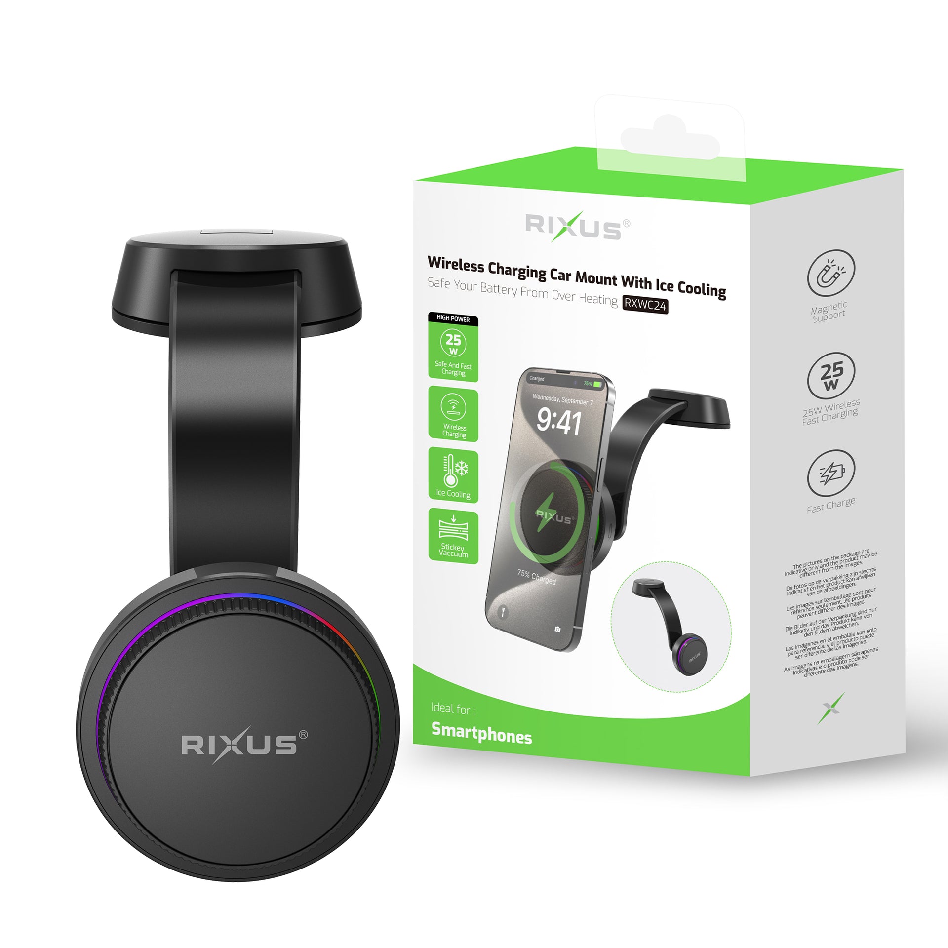 Rixus RXWC24 Ice Cooling With Wireless Charging Car Mount 25W Black