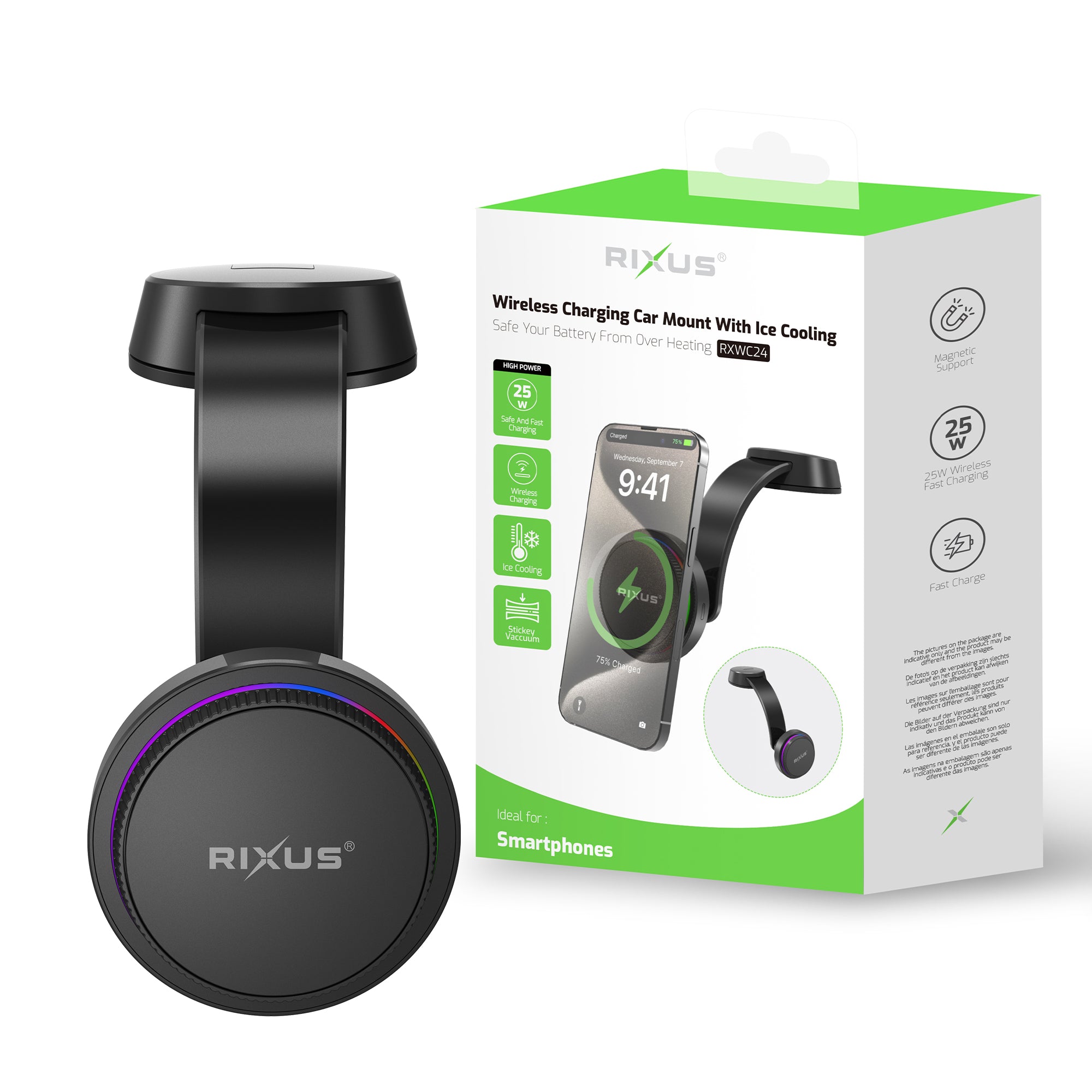 Rixus RXWC24 Ice Cooling With Wireless Charging Car Mount 25W Black