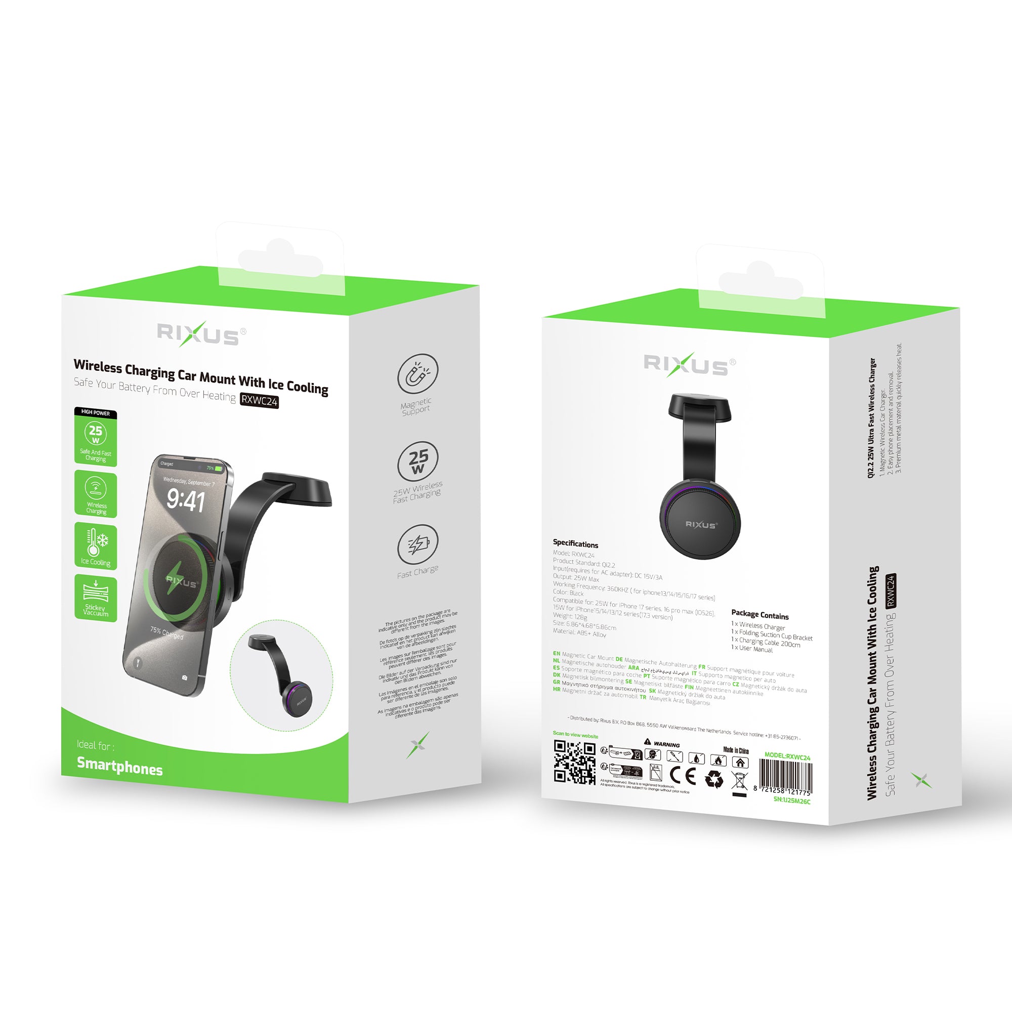 Rixus RXWC24 Ice Cooling With Wireless Charging Car Mount 25W Black