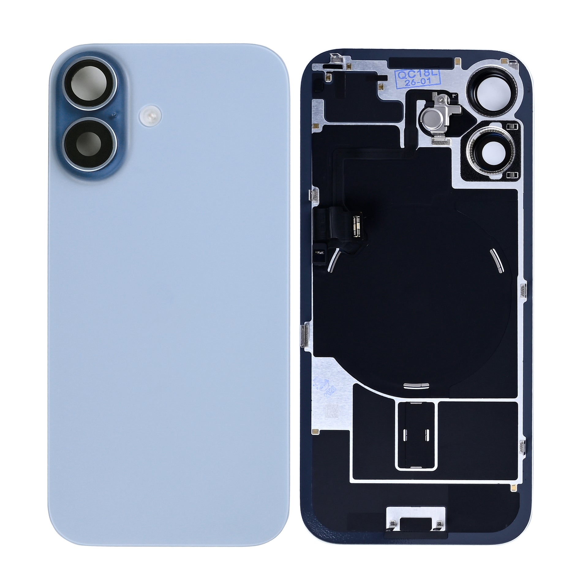 For Apple iPhone 17 Back Glass With NFC, Enlarged Camera Frame Mist Blue Pulled