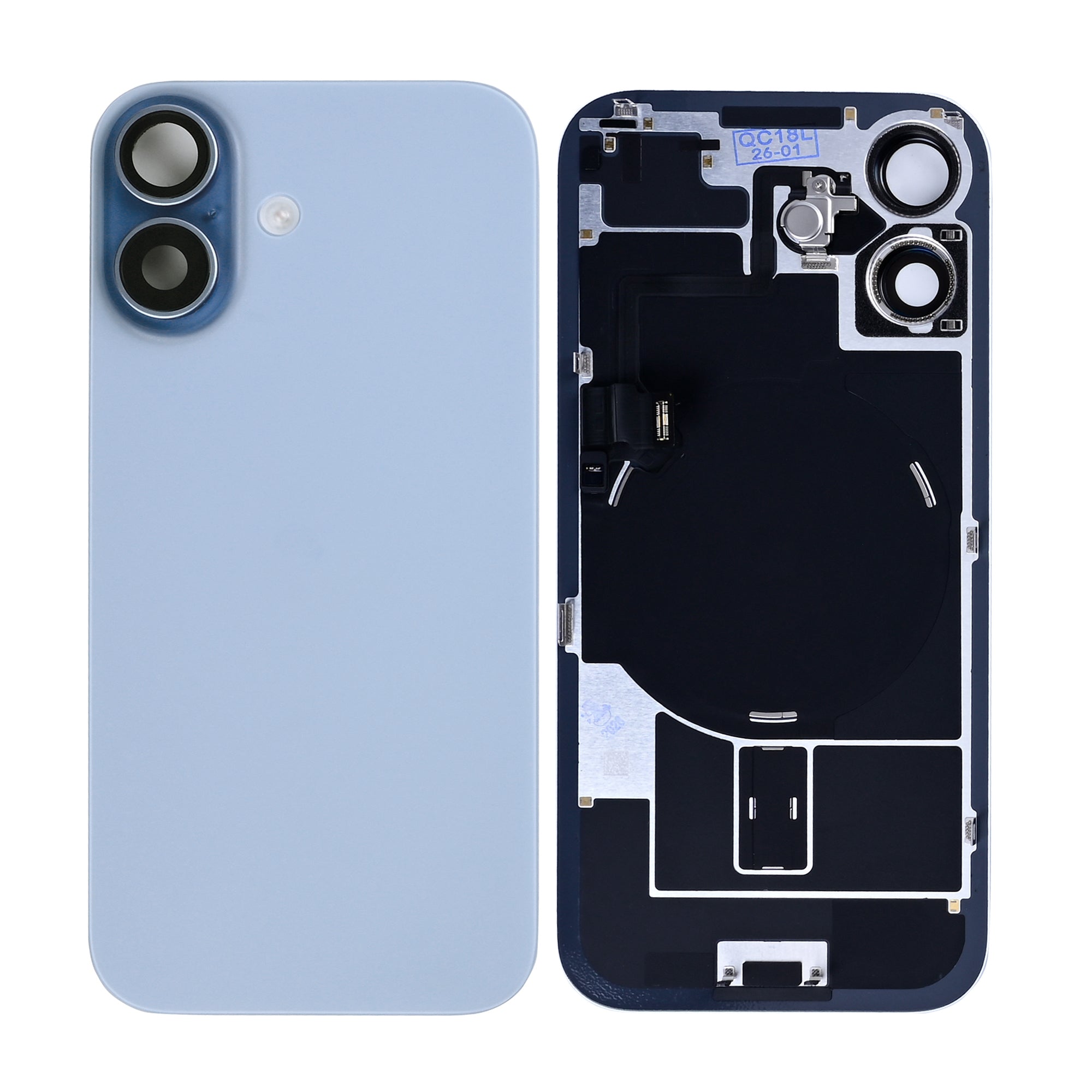 For Apple iPhone 17 Back Glass With NFC, Enlarged Camera Frame Mist Blue Pulled
