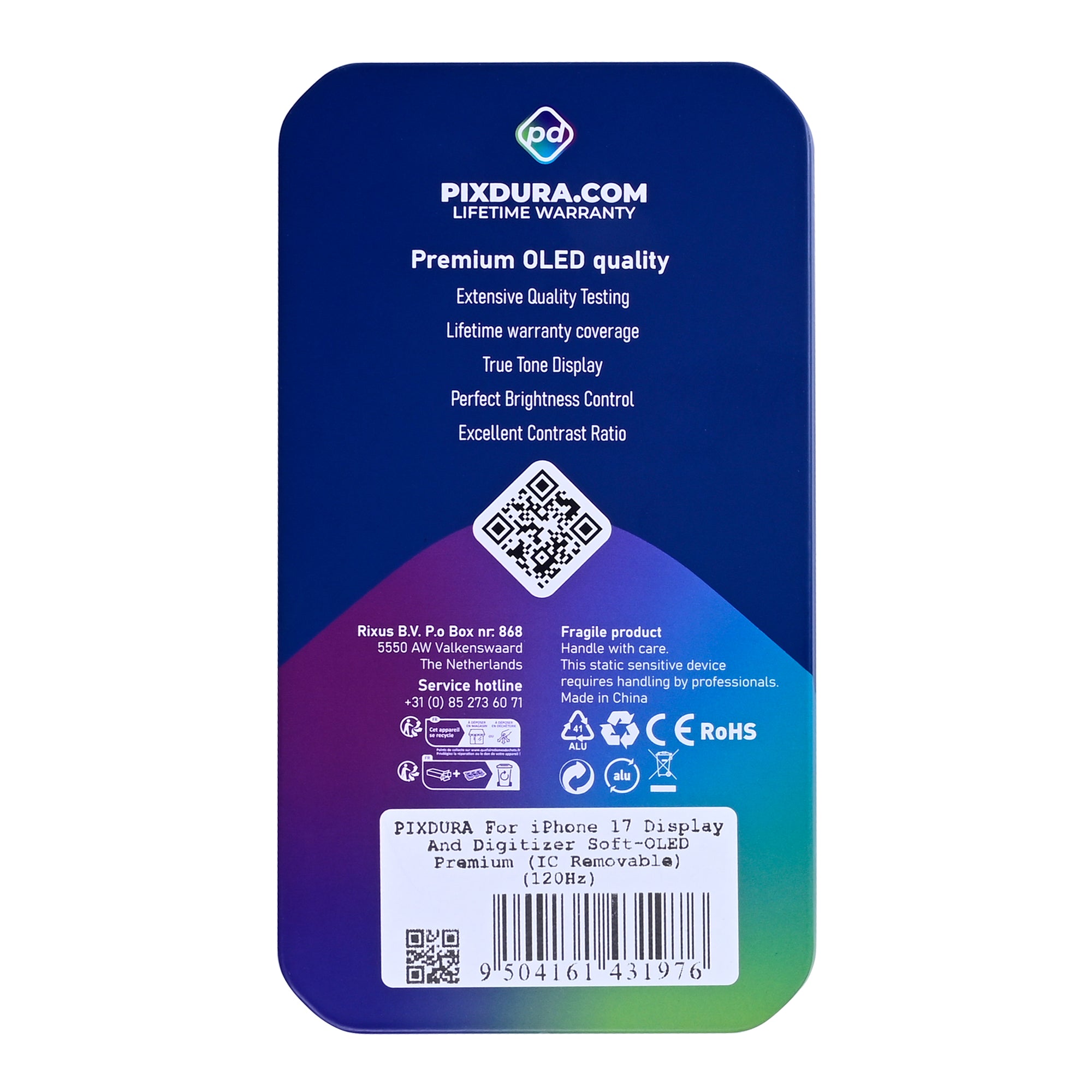 PIXDURA For Apple iPhone 17 Display And Digitizer Soft-OLED Premium (IC Removable) (120Hz)