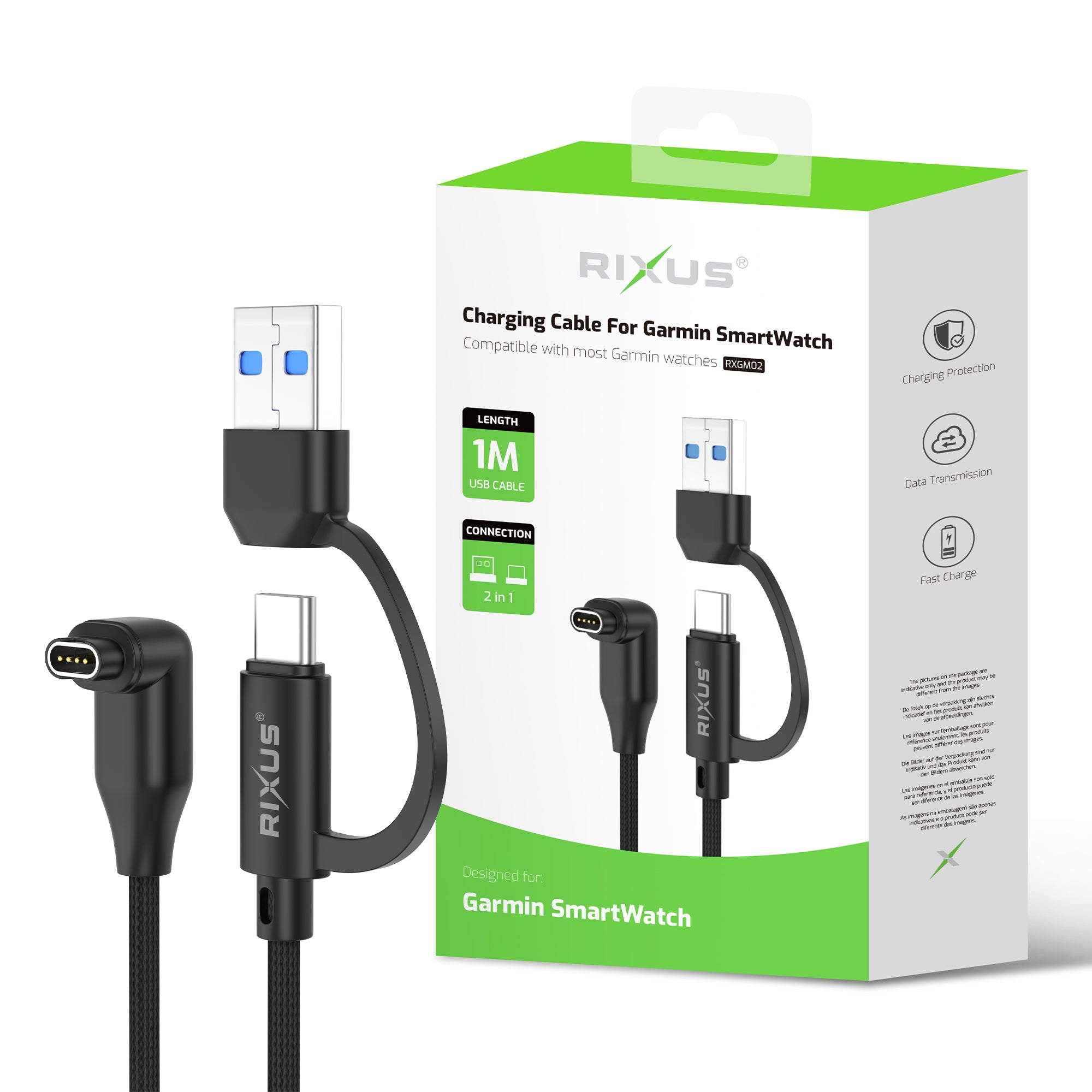 Rixus RXGM02 Charging Cable For Garmin Smart Watch 1m Black