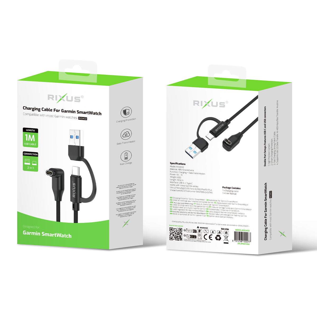 Rixus RXGM02 Charging Cable For Garmin Smart Watch 1m Black