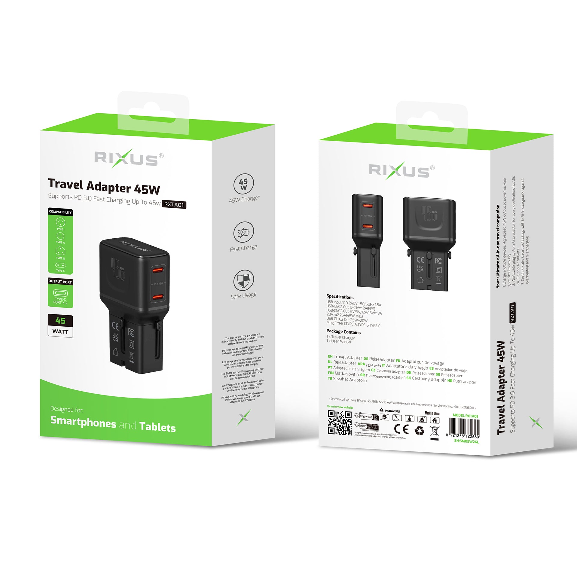 Rixus RXTA01 World Travel Charger 45W Black