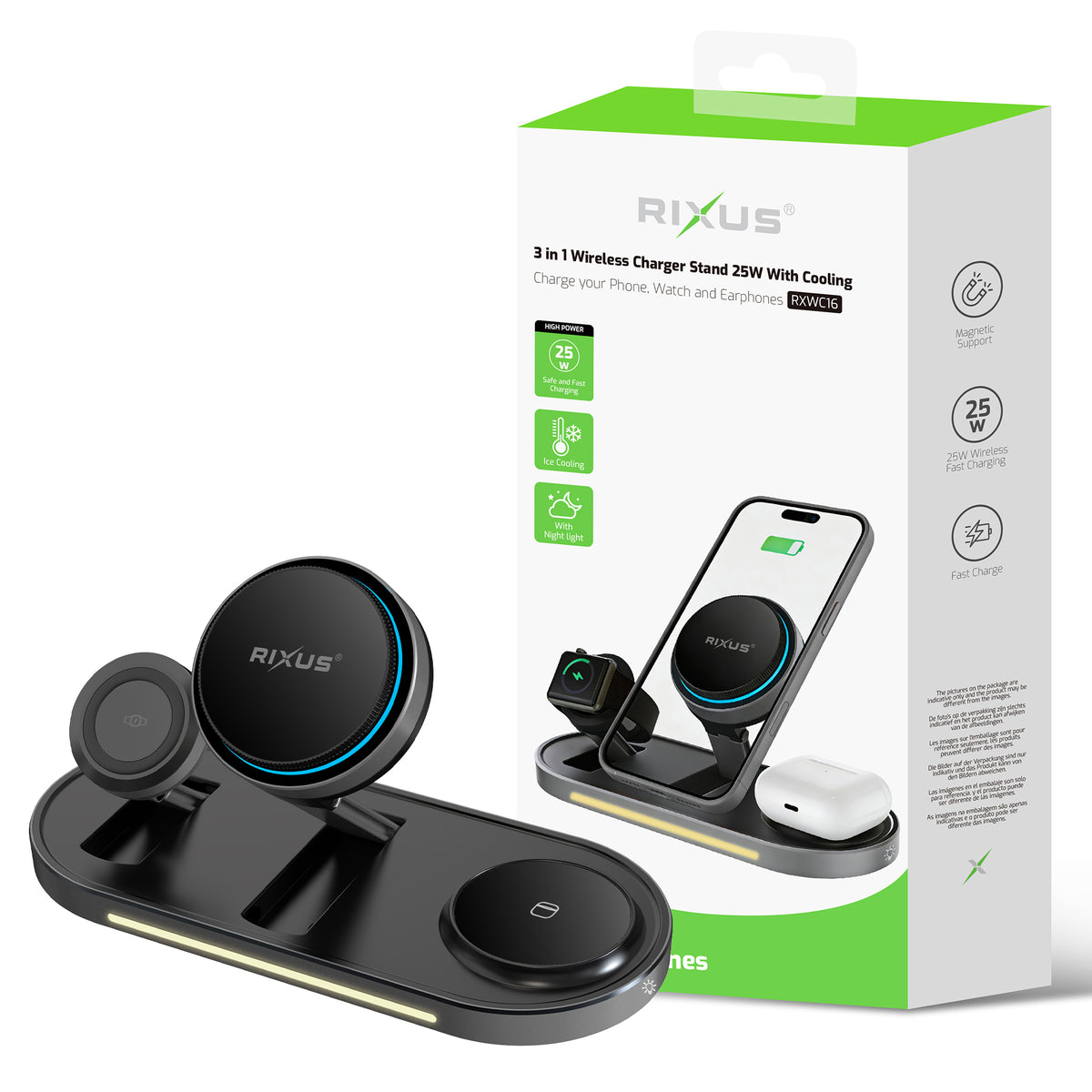 Rixus RXWC16 3 in 1 Ice Cooling Wireless Charger Stand 25W Black