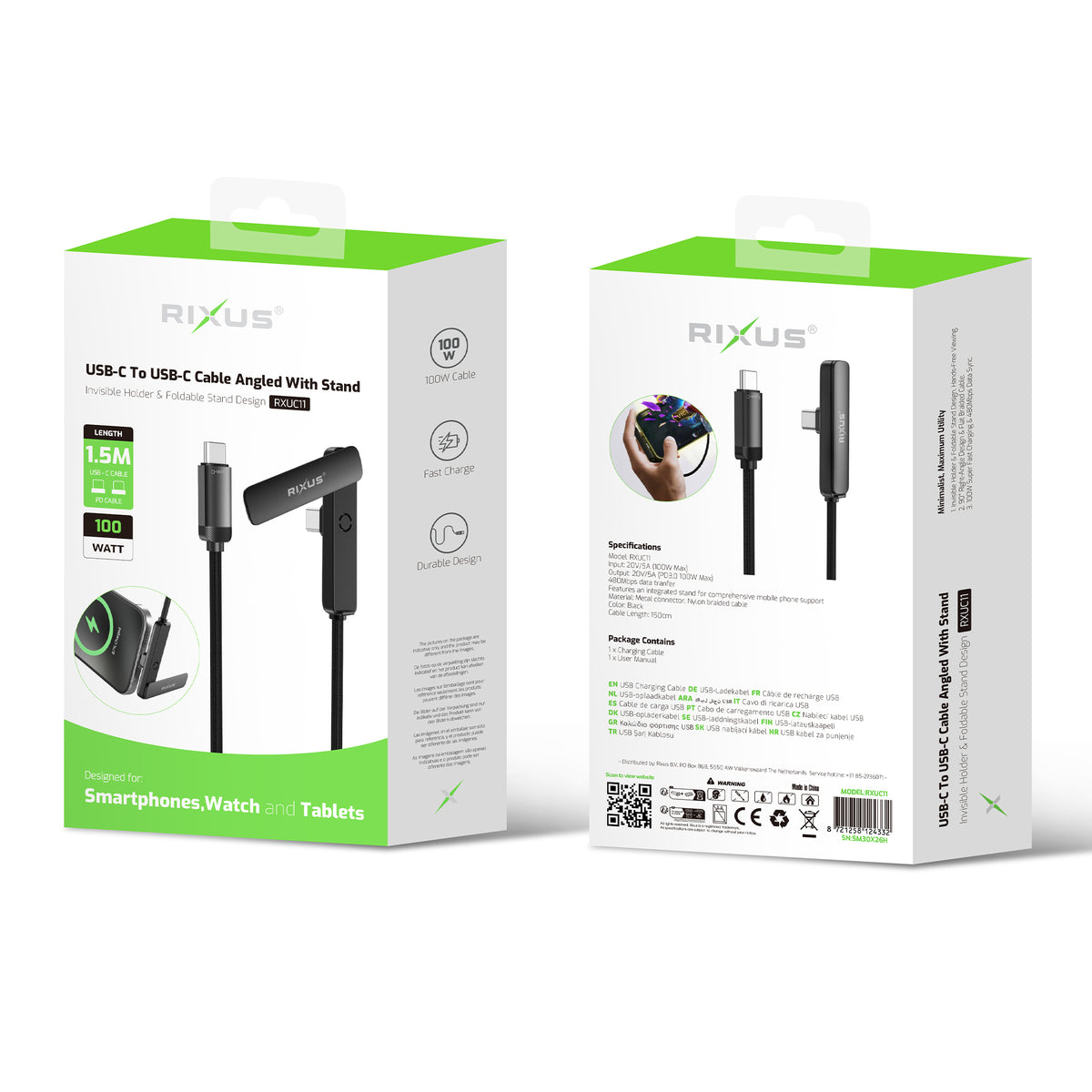 Rixus RXUC11 USB-C To USB-C Cable Angled With Stand 100W