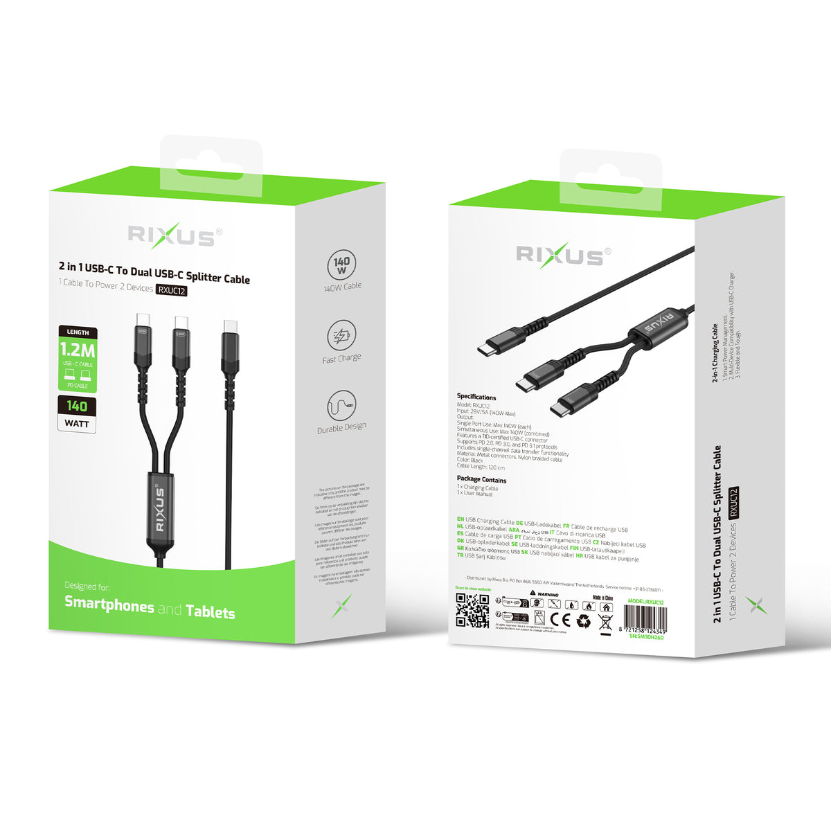 Rixus RXUC12 2 in 1 USB-C To Dual USB-C Splitter Cable 140W