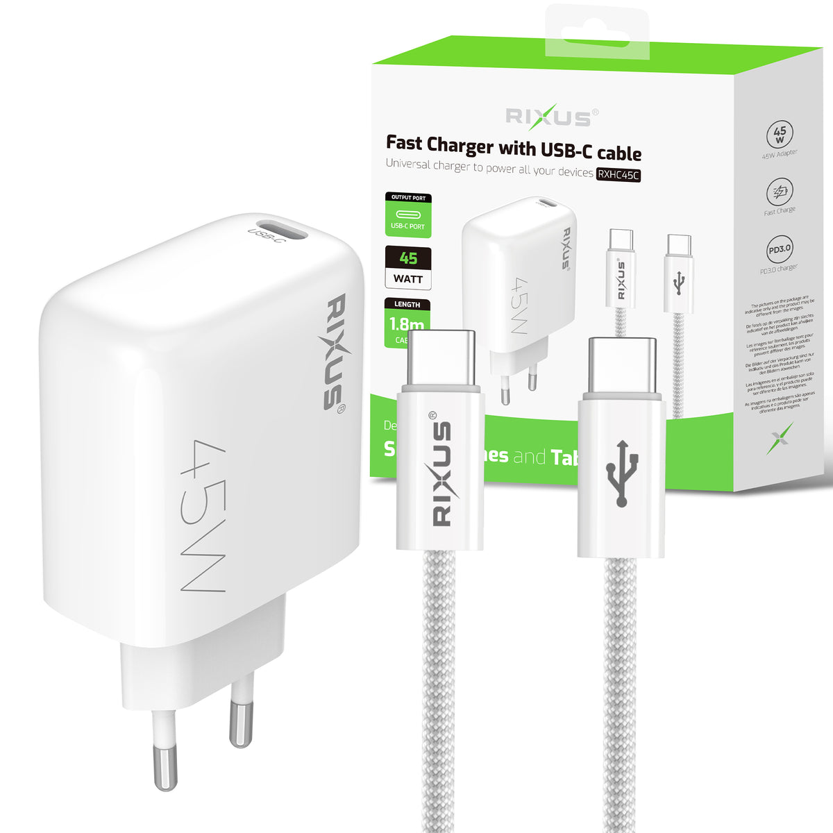 Rixus RXHC45C Fast Charger USB-C Cable 1.8m 45W White