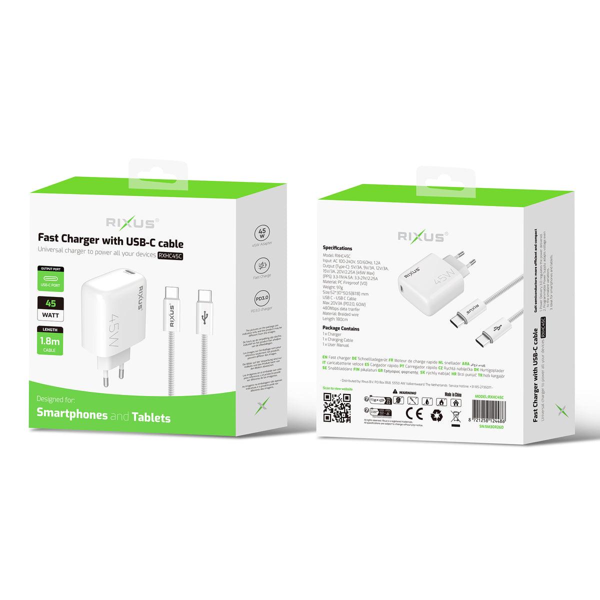 Rixus RXHC45C Fast Charger USB-C Cable 1.8m 45W White