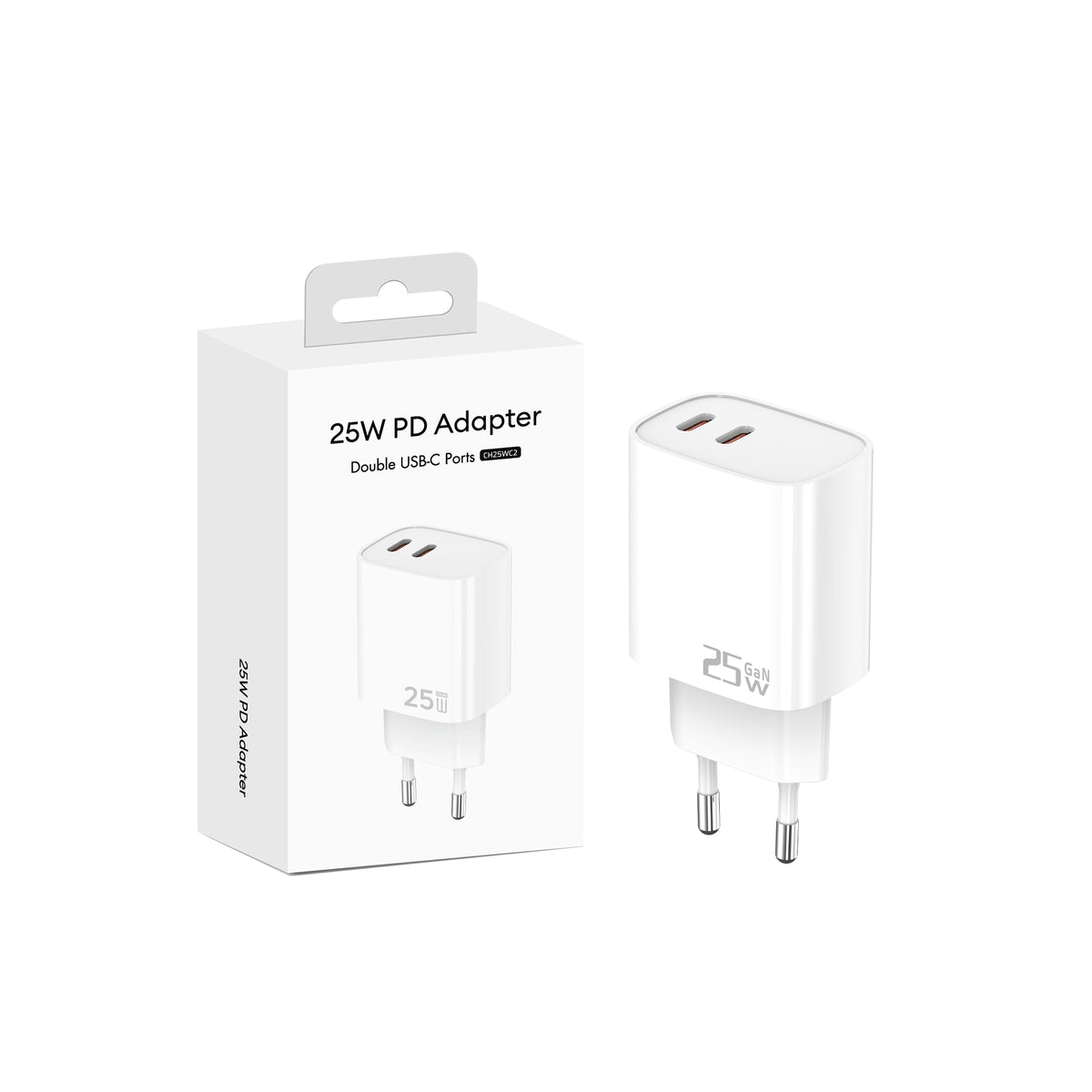 Fast Charging Adapter CH25WC2 Dual USB-C Ports 25W White Retail Box