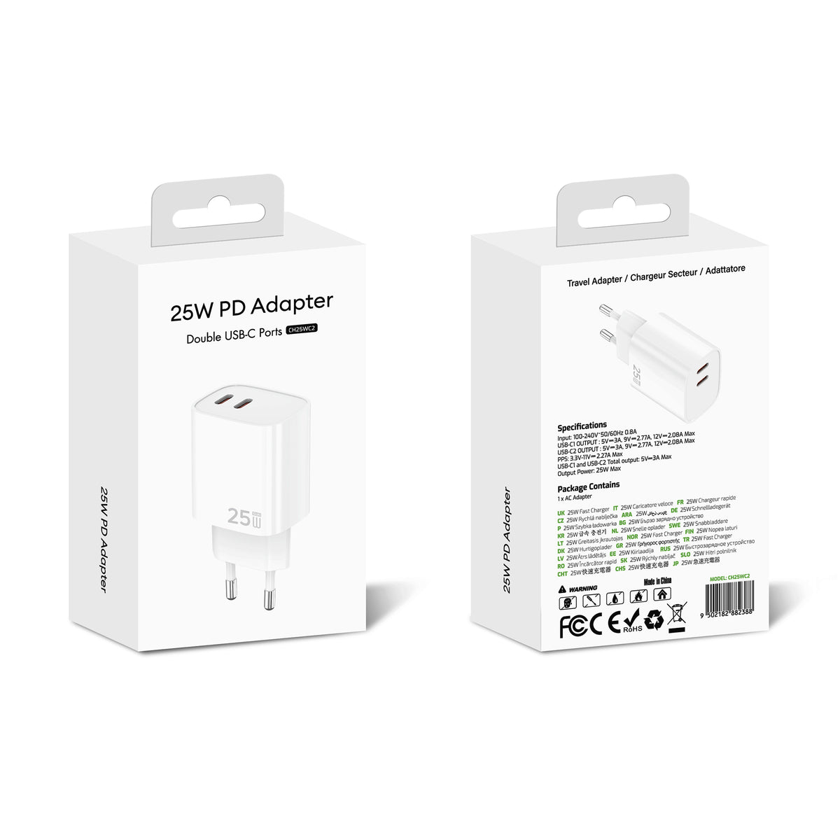 Fast Charging Adapter CH25WC2 Dual USB-C Ports 25W White Retail Box