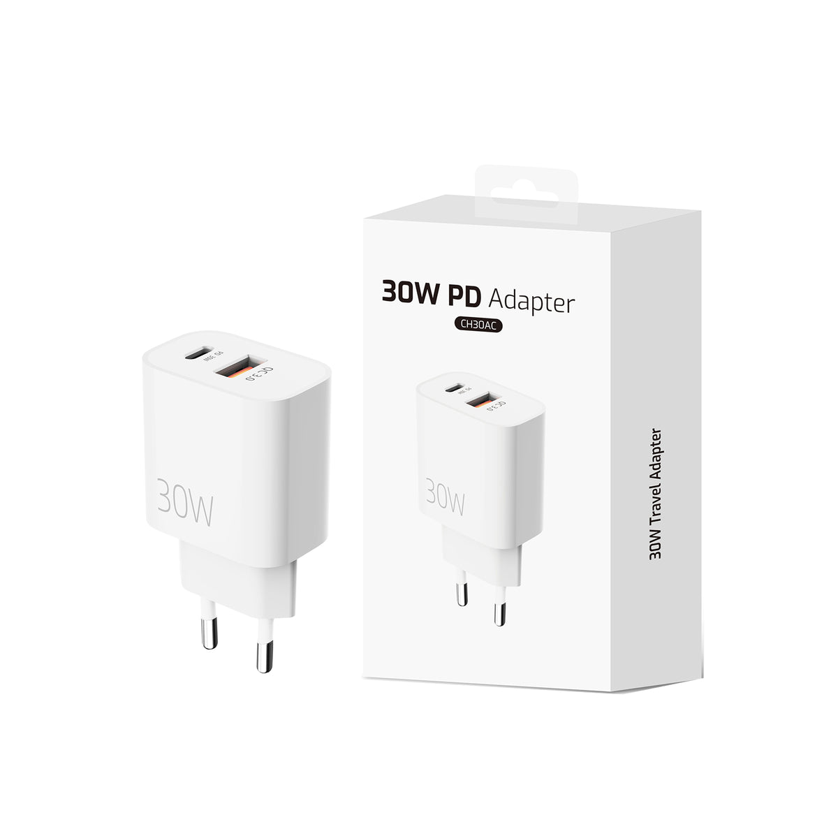 Fast Charging Adapter CH30AC USB-A And USB-C Dual Ports 30W White Retail Box
