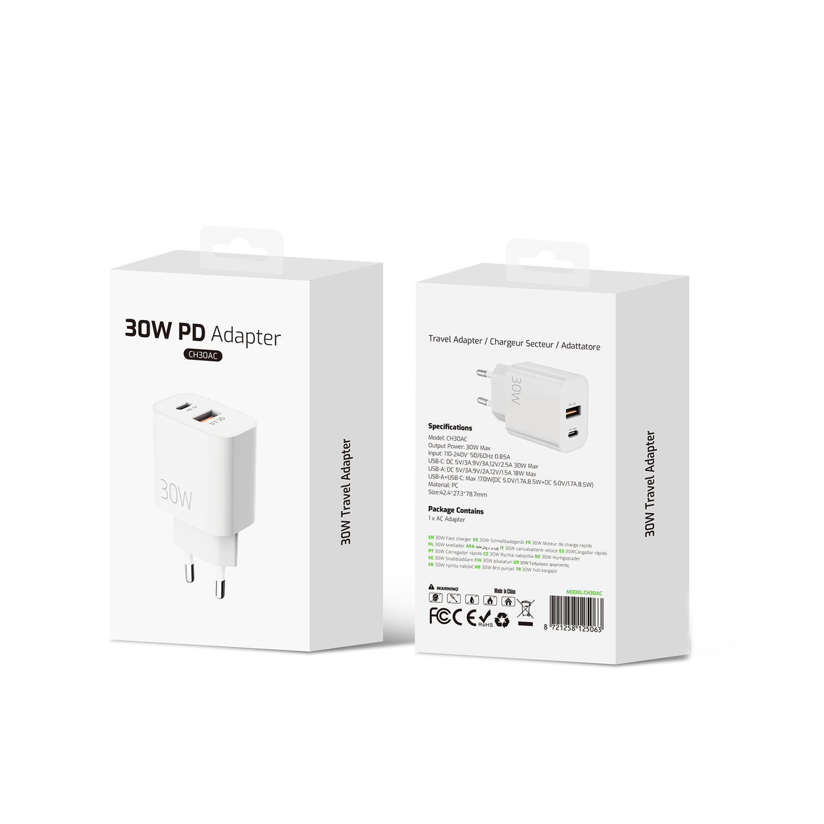 Fast Charging Adapter CH30AC USB-A And USB-C Dual Ports 30W White Retail Box