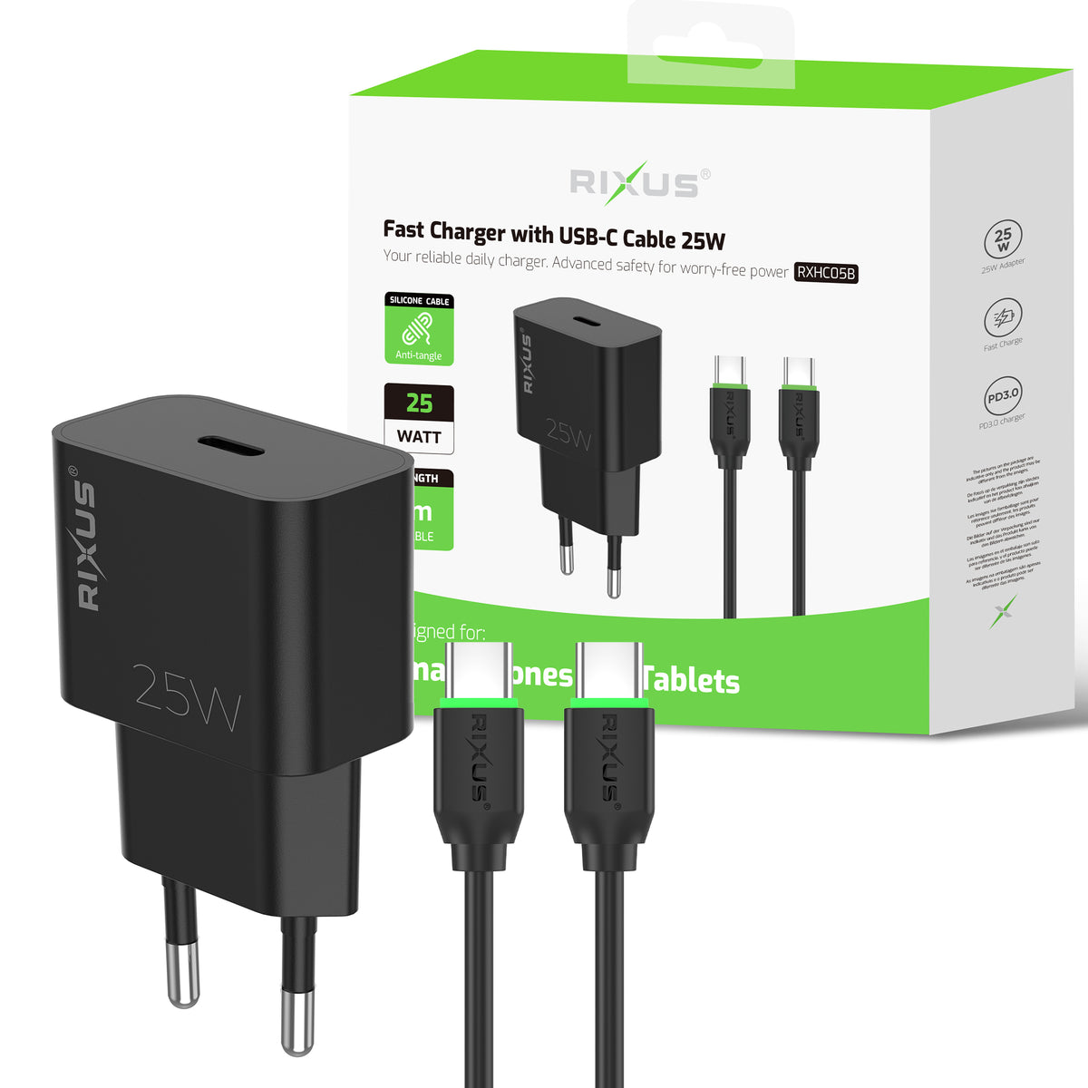Rixus RXHC05B Fast Charger With USB-C Cable 25W Black