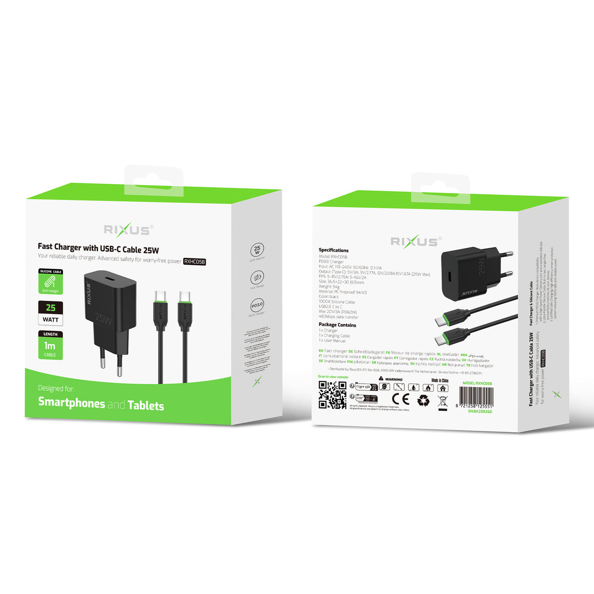 Rixus RXHC05B Fast Charger With USB-C Cable 25W Black