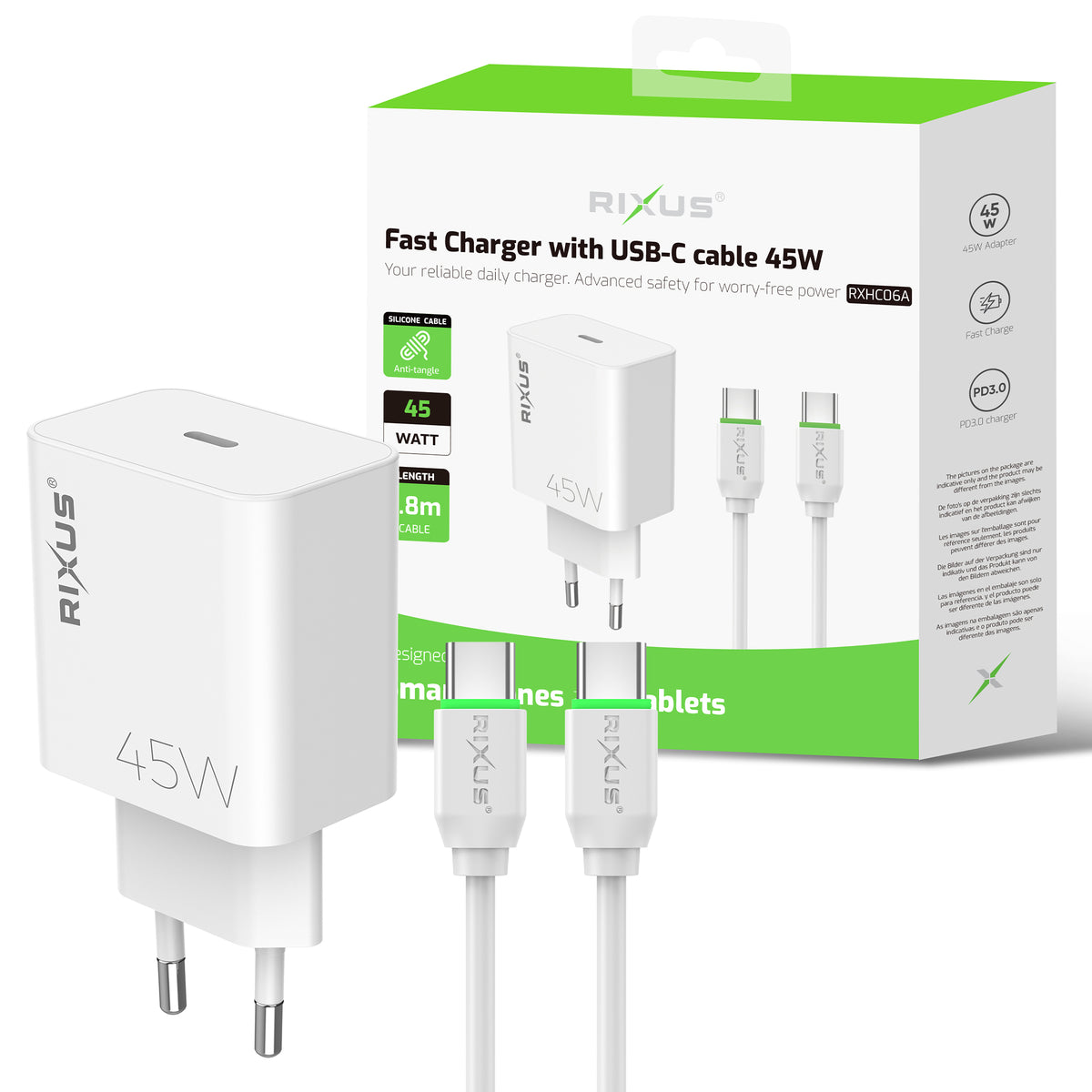 Rixus RXHC06A Fast Charger With USB-C Cable 45W White