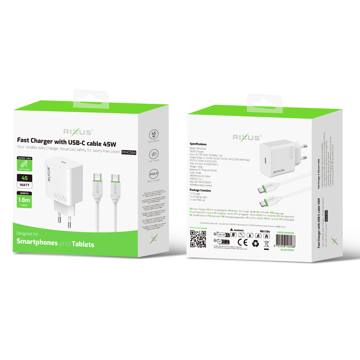Rixus RXHC06A Fast Charger With USB-C Cable 45W White