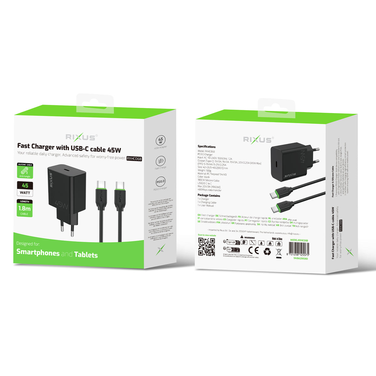 Rixus RXHC06B Fast Charger With USB-C Cable 45W Black