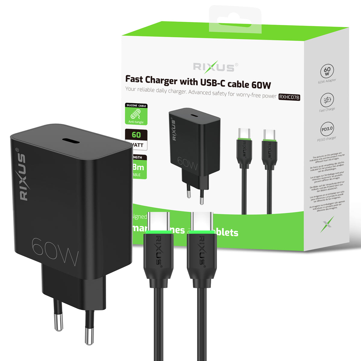 Rixus RXHC07B Fast Charger With USB-C Cable 60W Black