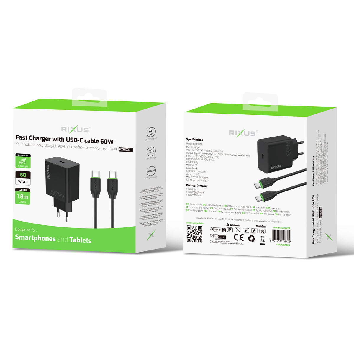 Rixus RXHC07B Fast Charger With USB-C Cable 60W Black