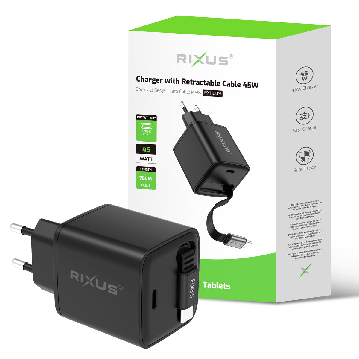 Rixus RXHC09 Charger With Retractable Cable 45W
