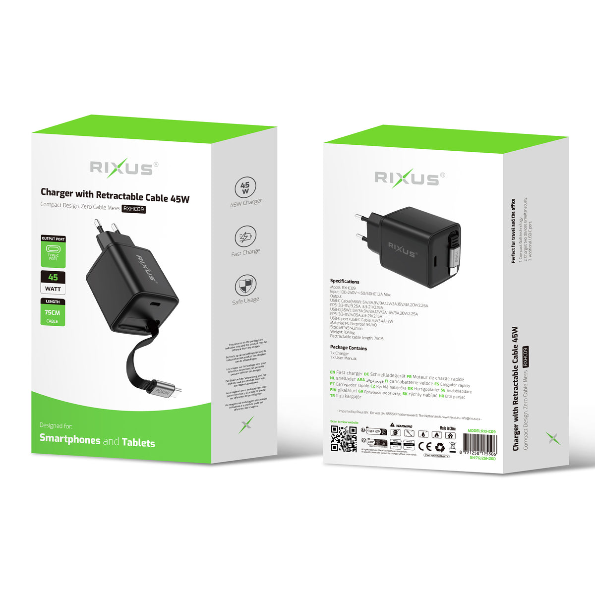 Rixus RXHC09 Charger With Retractable Cable 45W