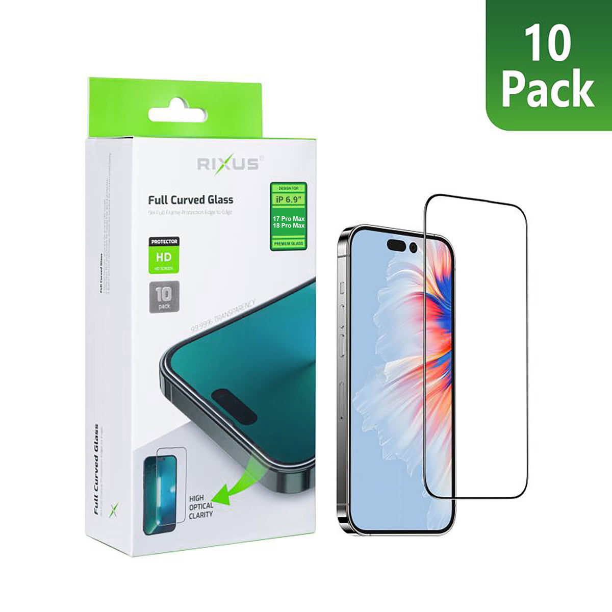 Rixus Clear HD Full Curved Edge Tempered Glass For Apple iPhone 17 Pro Max, 18 Pro Max (10-Pack)