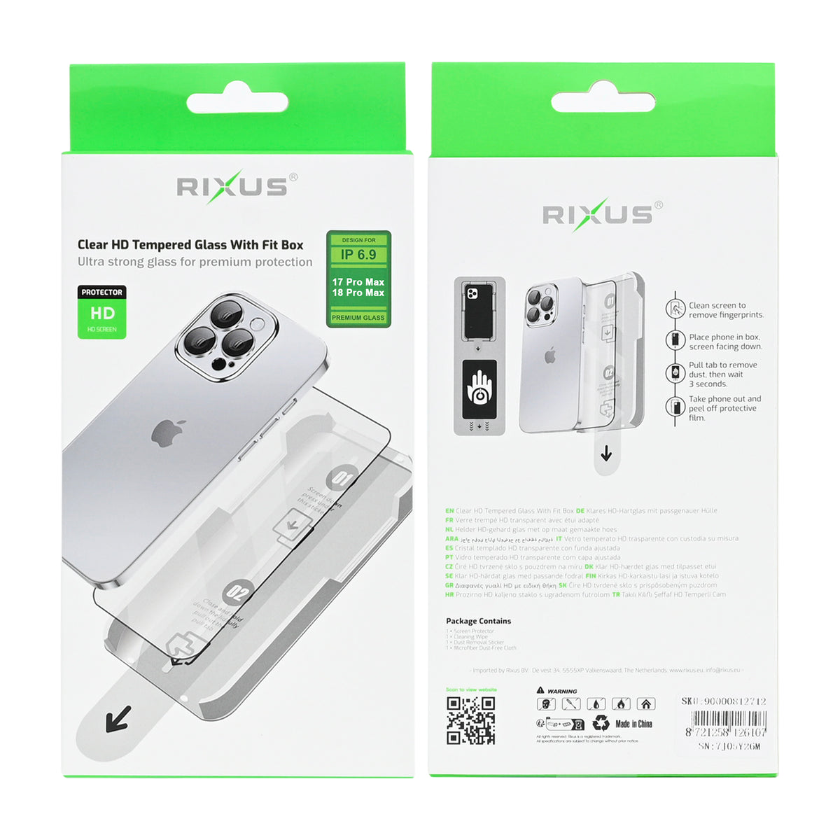 Rixus Clear HD Tempered Glass With Fit Box For Apple iPhone 17 Pro Max, 18 Pro Max