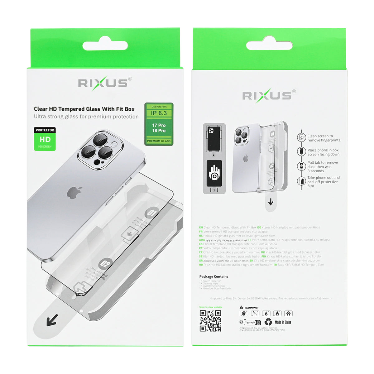 Rixus Clear HD Tempered Glass With Fit Box For Apple iPhone 17 Pro, 18 Pro