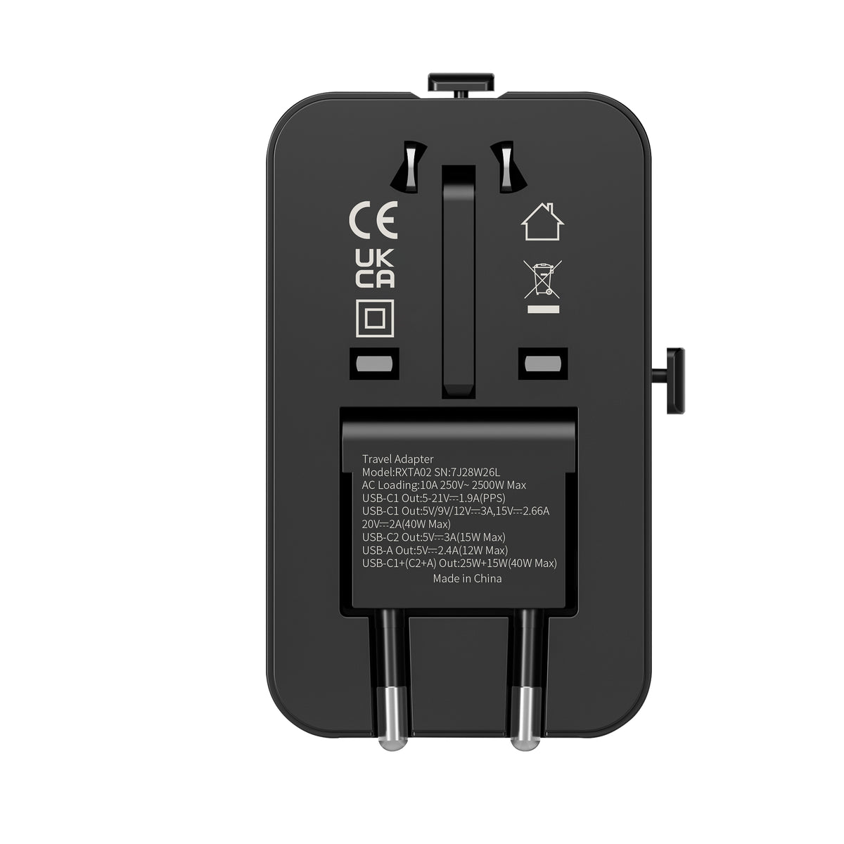 Rixus RXTA02 World Travel Adapter 40W With 3 USB Ports Black