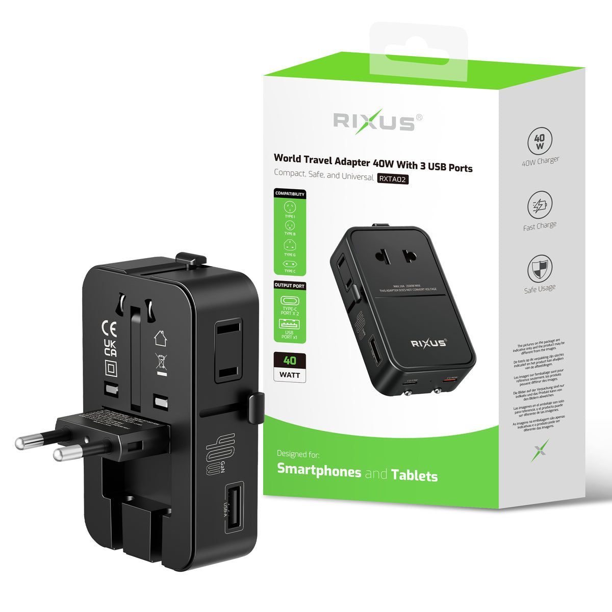 Rixus RXTA02 World Travel Adapter 40W With 3 USB Ports Black