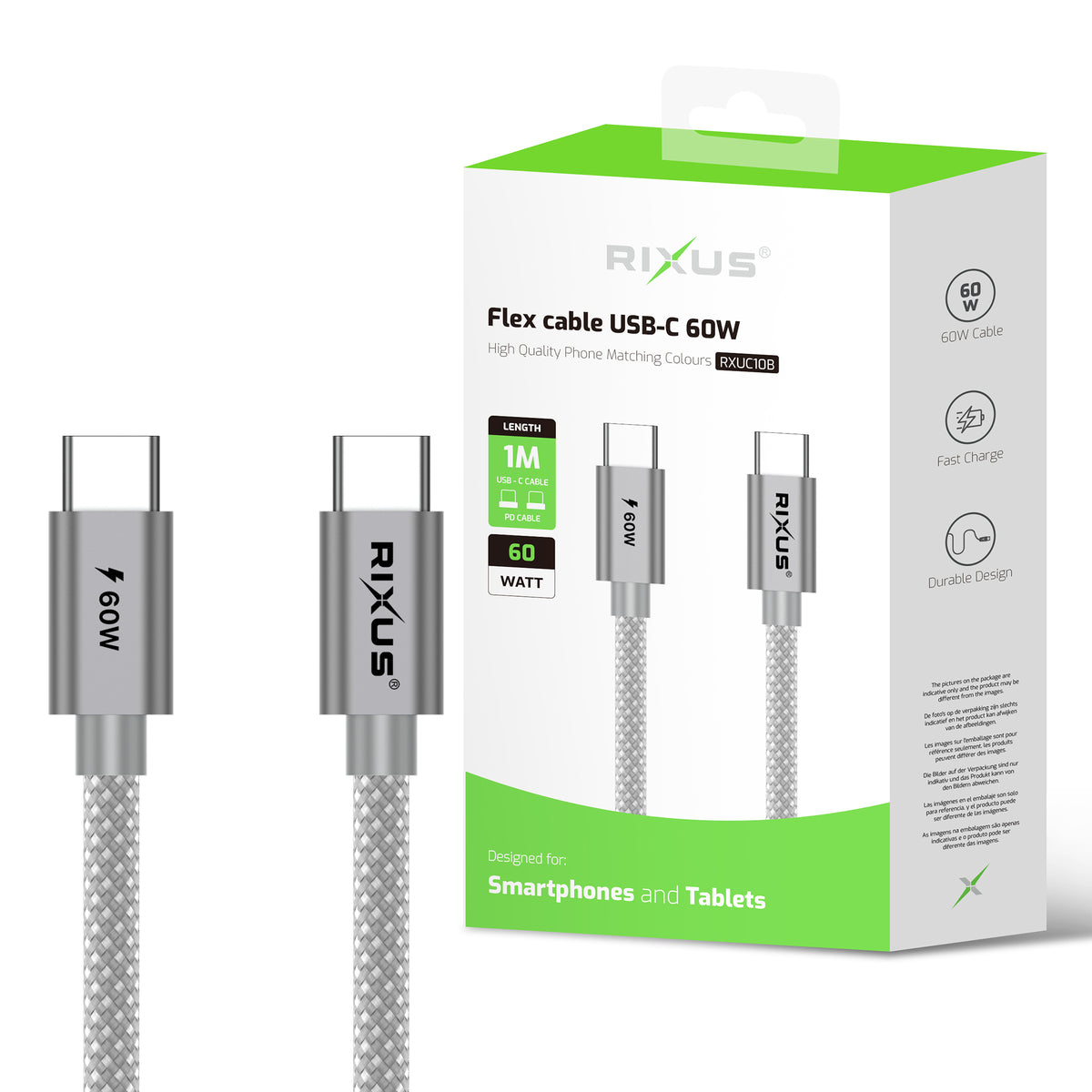 Rixus RXUC10B Flex Cable USB-C 60W 1m Grey