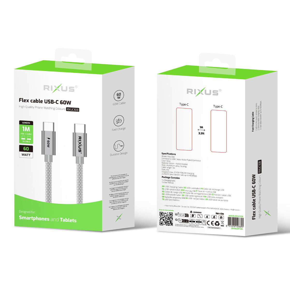 Rixus RXUC10B Flex Cable USB-C 60W 1m Grey