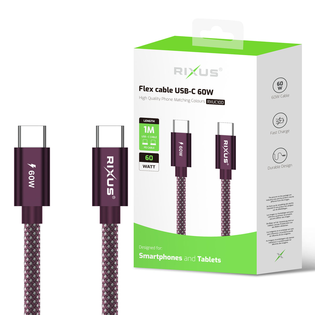 Rixus RXUC10D Flex Cable USB-C 60W 1m Purple