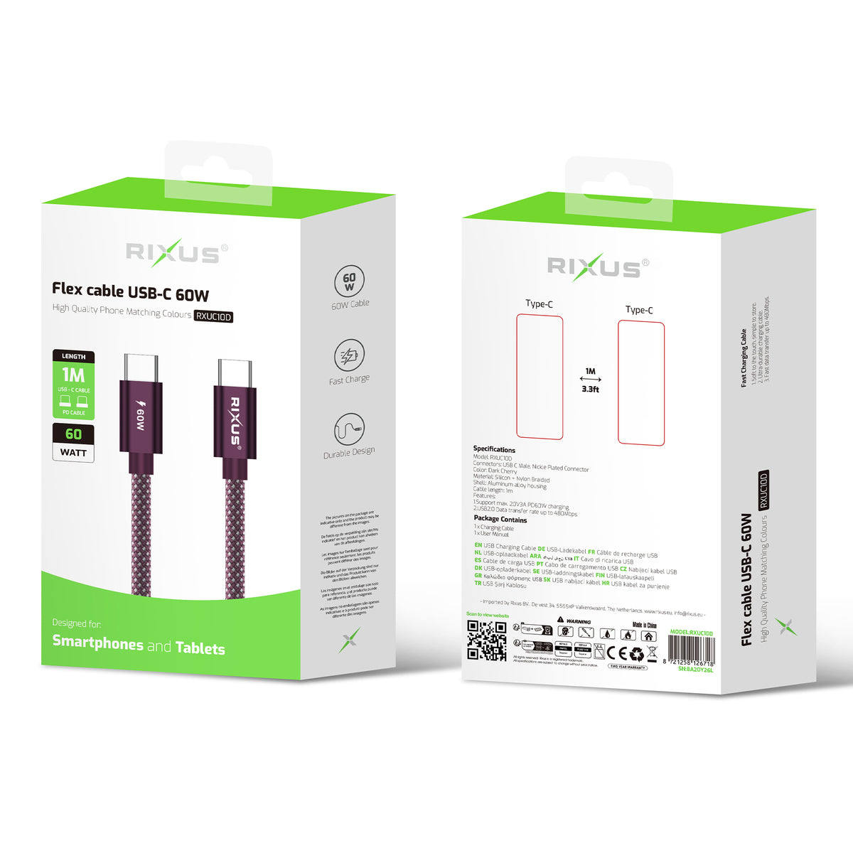 Rixus RXUC10D Flex Cable USB-C 60W 1m Purple
