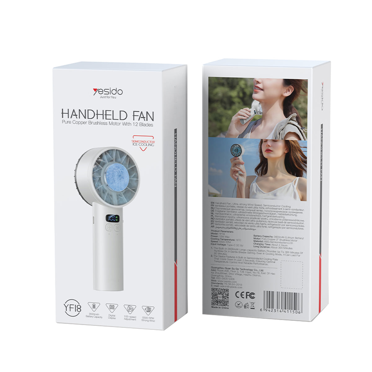 YESIDO YF-18 Portable Handheld Fan With Digital Display White