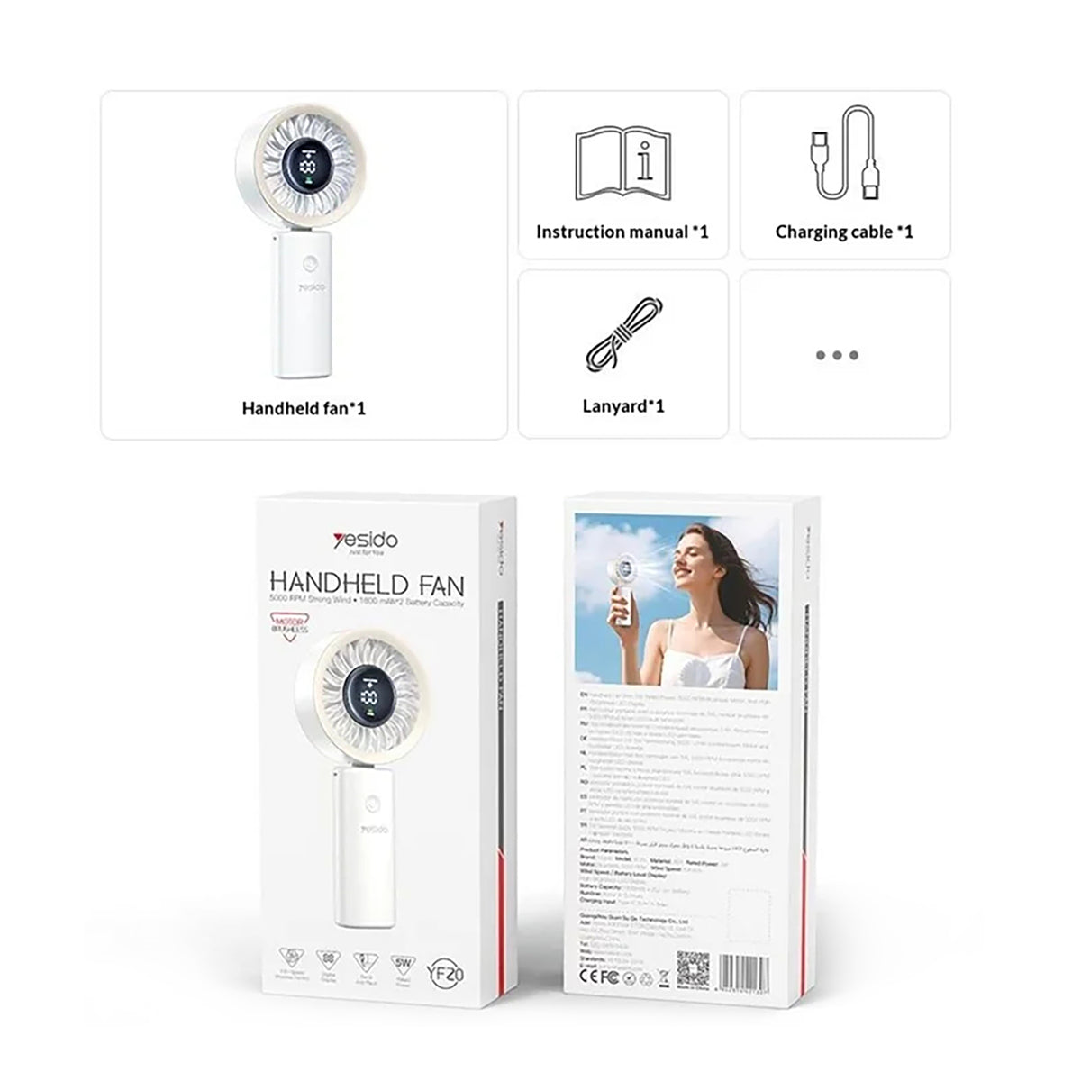 YESIDO YF-20 Portable Handheld Fan With Digital Display White