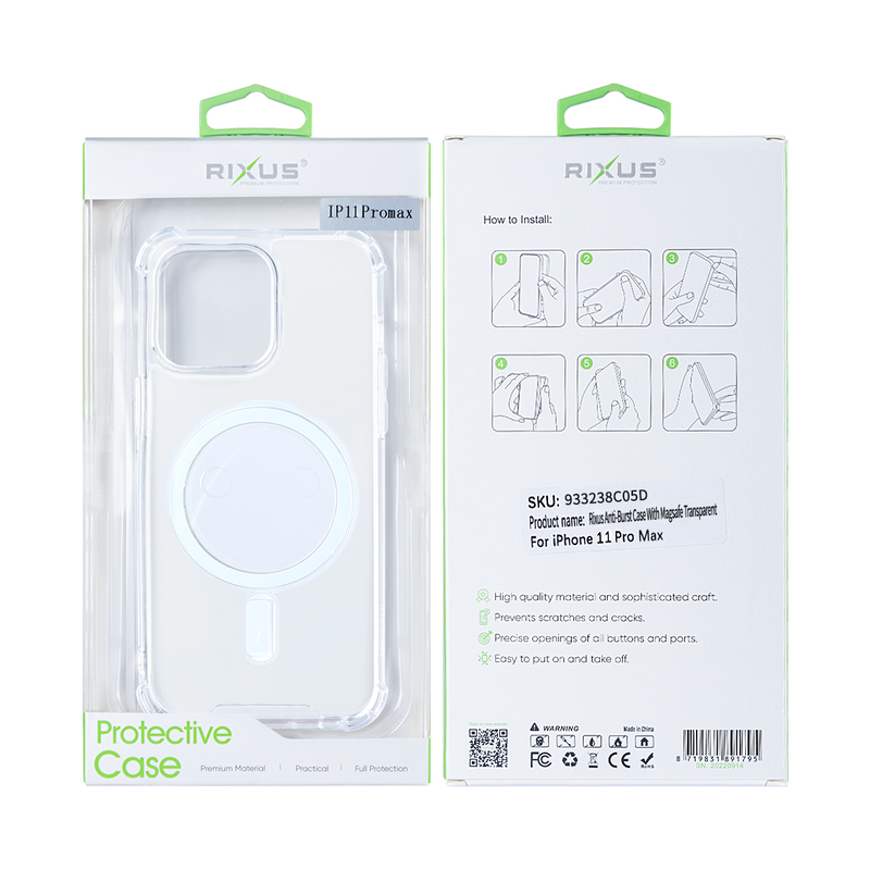 Rixus For iPhone 11 Pro Max Anti-Burst Case With Magsafe Transparent