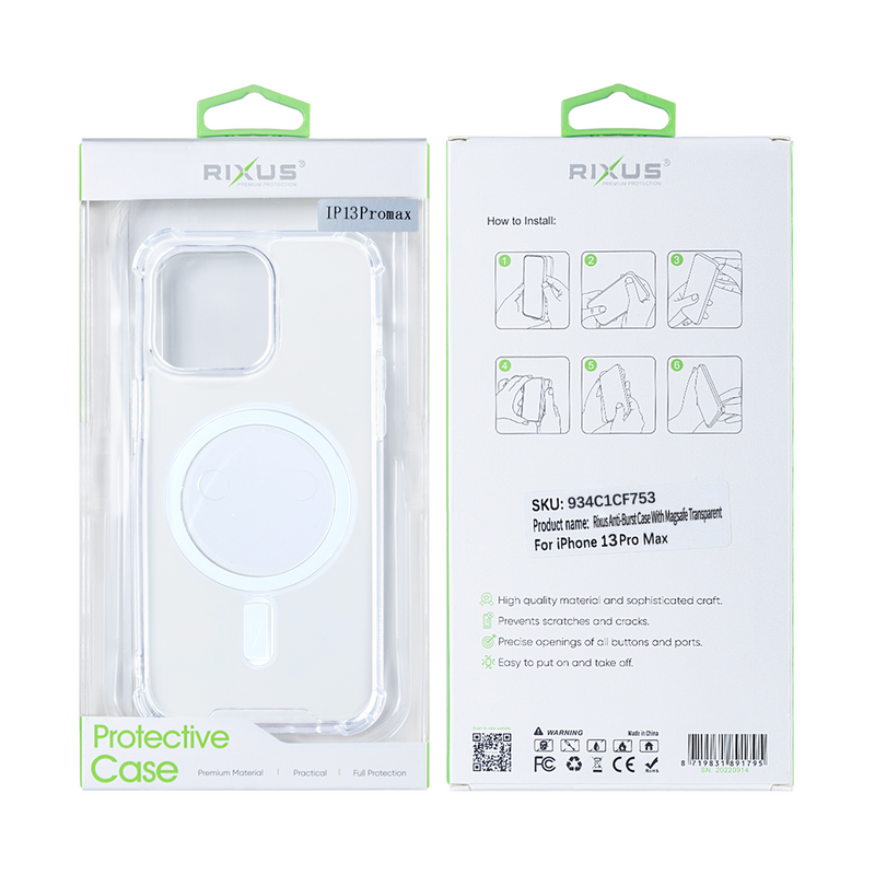 Rixus For iPhone 13 Pro Max Anti-Burst Case With Magsafe Transparent