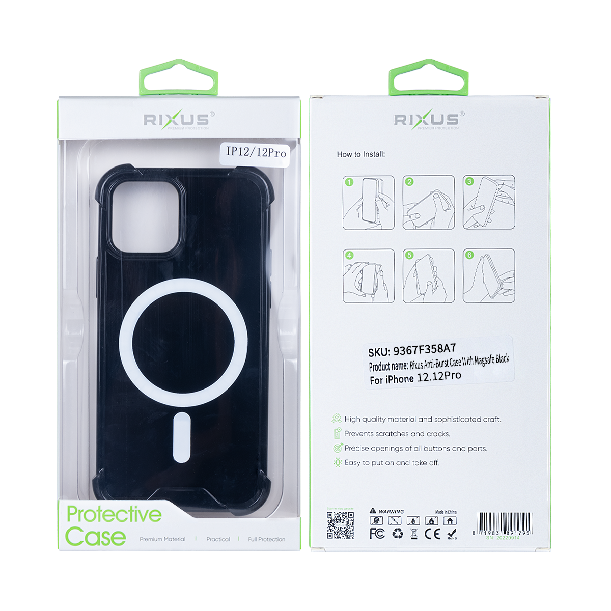 Rixus Anti-Burst Case With MagSafe Compatible For Apple iPhone 12, 12 Pro Black
