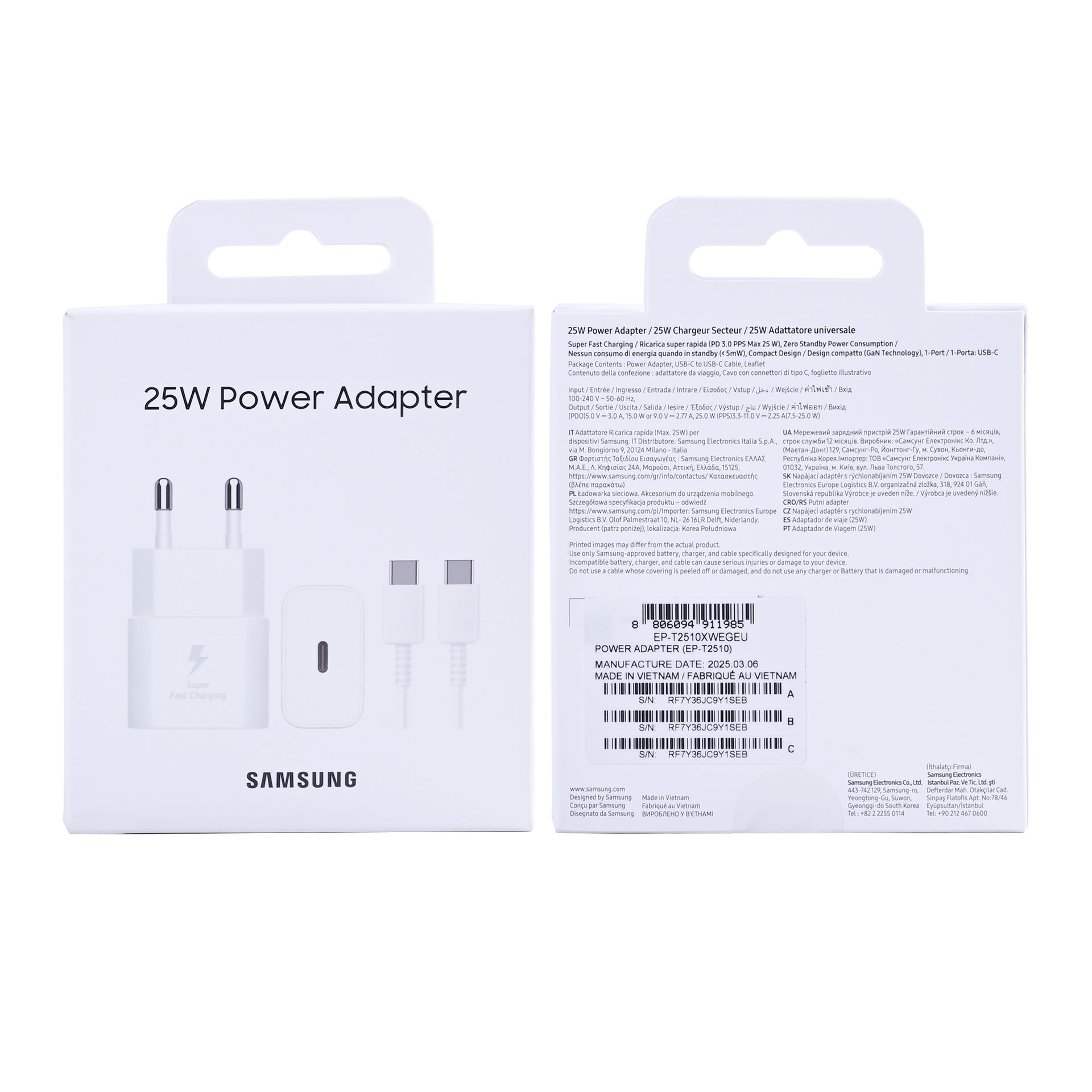 Samsung Power Adapter EP-T2510XWEGEU With USB-C Cable 25W White Original Retail Box