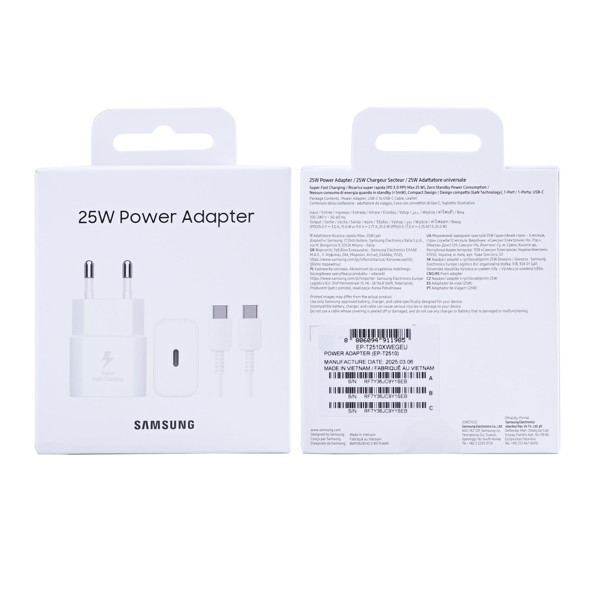 Samsung Power Adapter EP-T2510XWEGEU With USB-C Cable 25W White Original Retail Box
